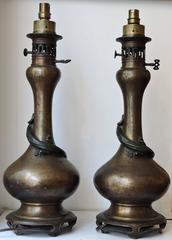 Pair of Golden Brown and Green Patina Bronze Japonisme Lamps with Lizards