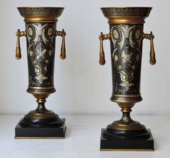 Pair of Damascene Gold and Sliver Inlaid Bronze Vases on Marble Bases