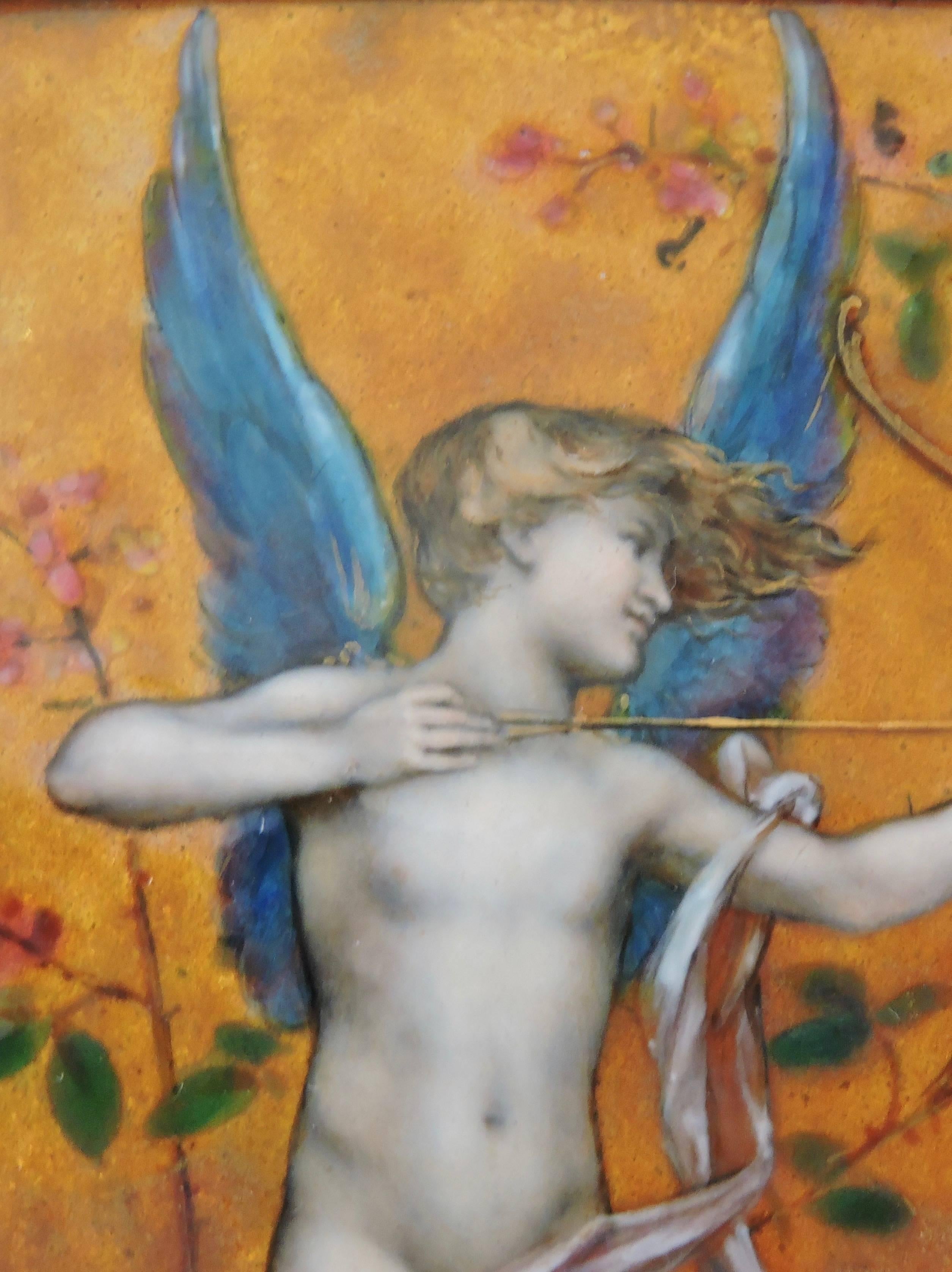 Hand-Carved Cupid, A Very Fine Painted Enamel Plaque by Paul Victor Grandhomme, circa 1889