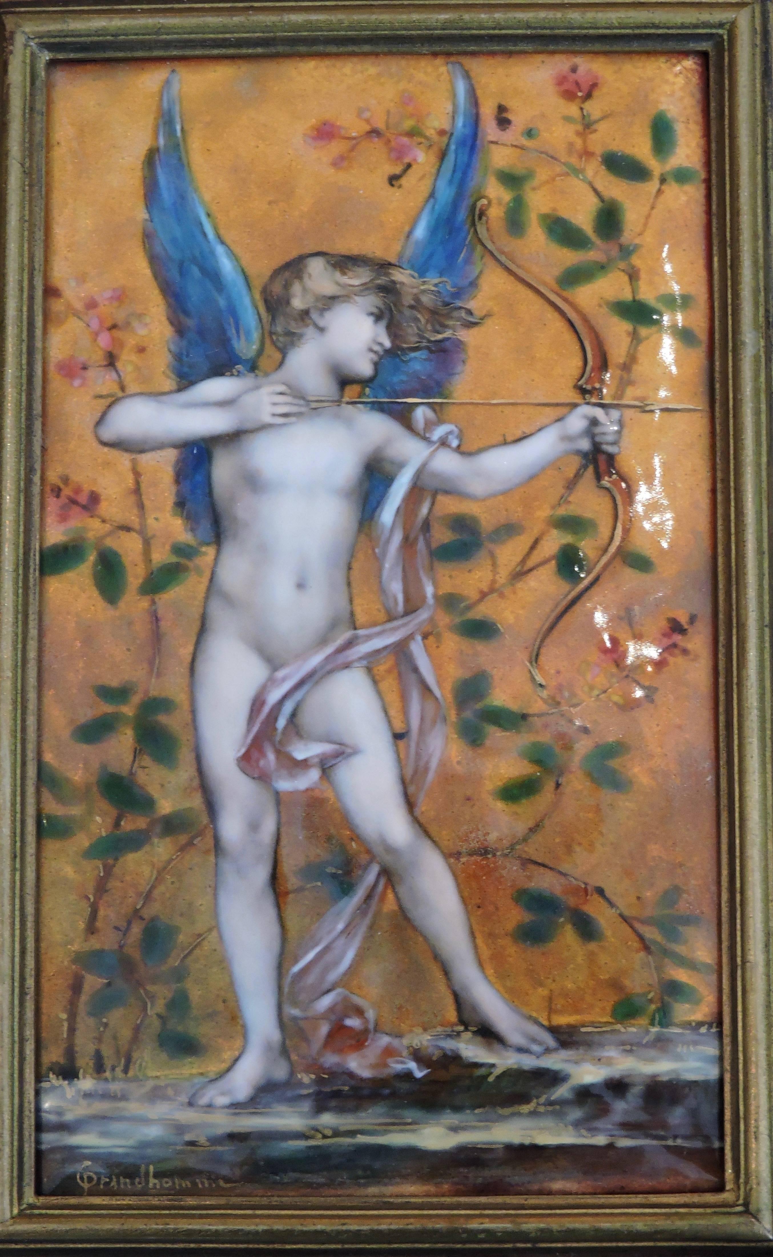 Cupid, an painted enamel copper plaque, gilded and carved wood Frame by Paul Grandhomme circa 1889.
Signed Grandhomme lower left
Plaque: 5.5 x 9.5 cm
Frame: 28 x 34 cm
Paul Grandhomme was trained as an apprentice jeweller when the war with Prussia