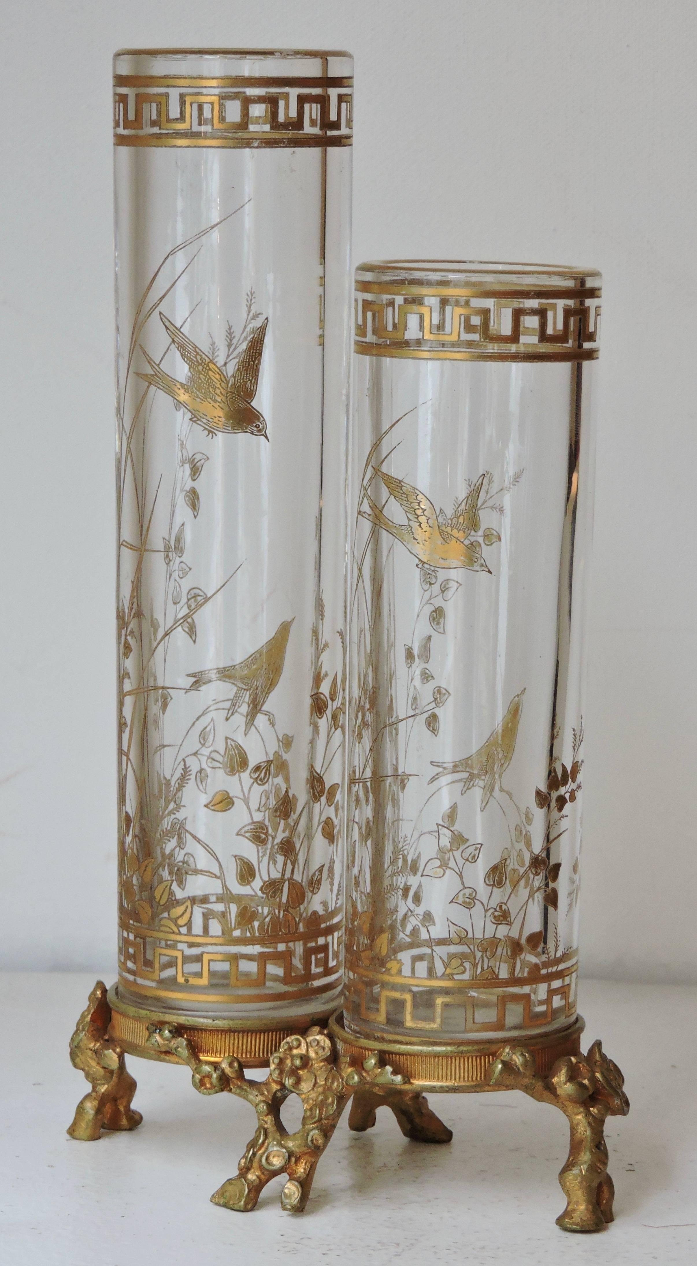 French Maison Baccarat Japonisme Gilt Painted Crystal Double Vase with Ormolu Mount