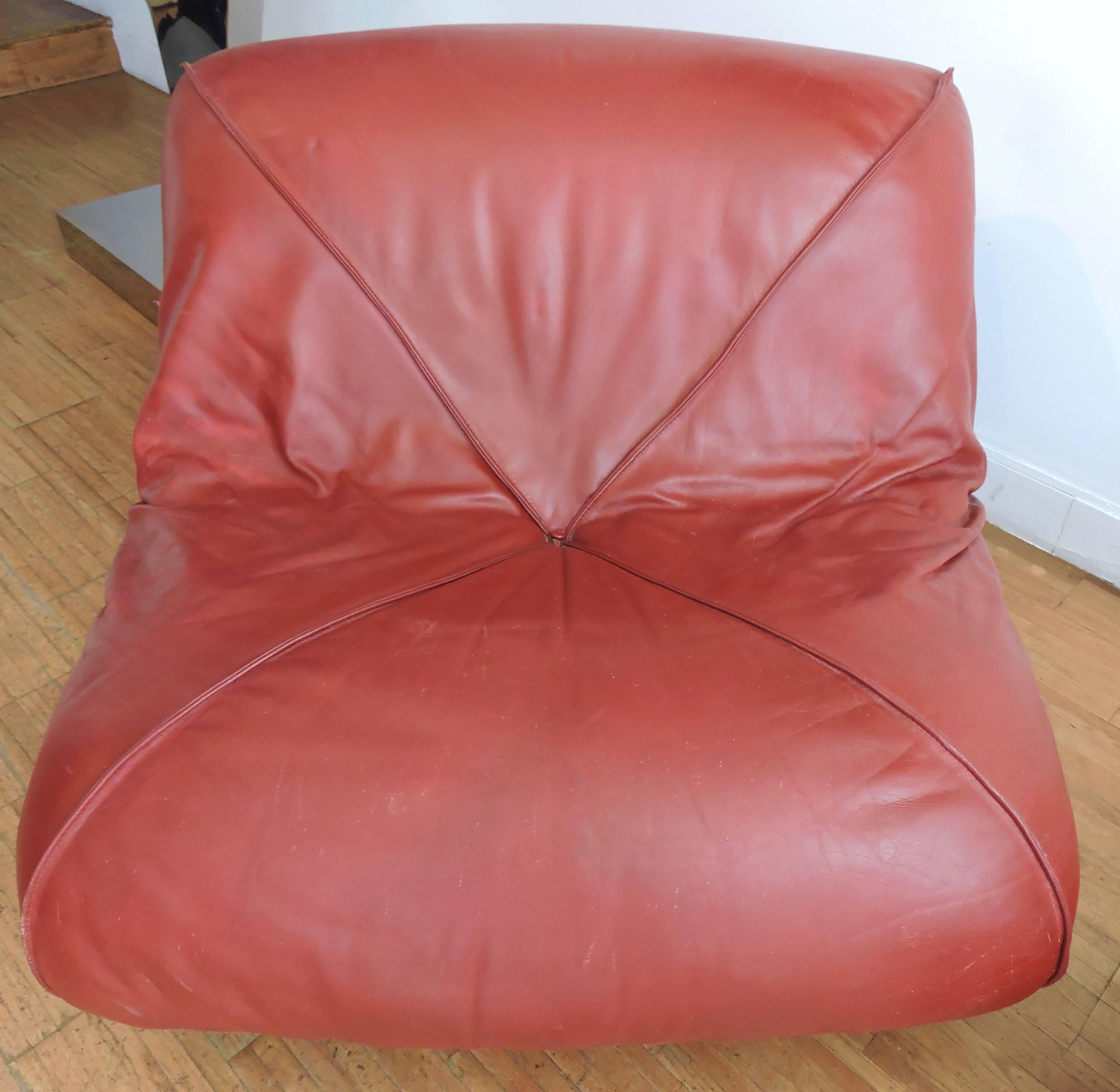 Pair of 1970s Red Leather Low Soft Chairs by Airborne 3