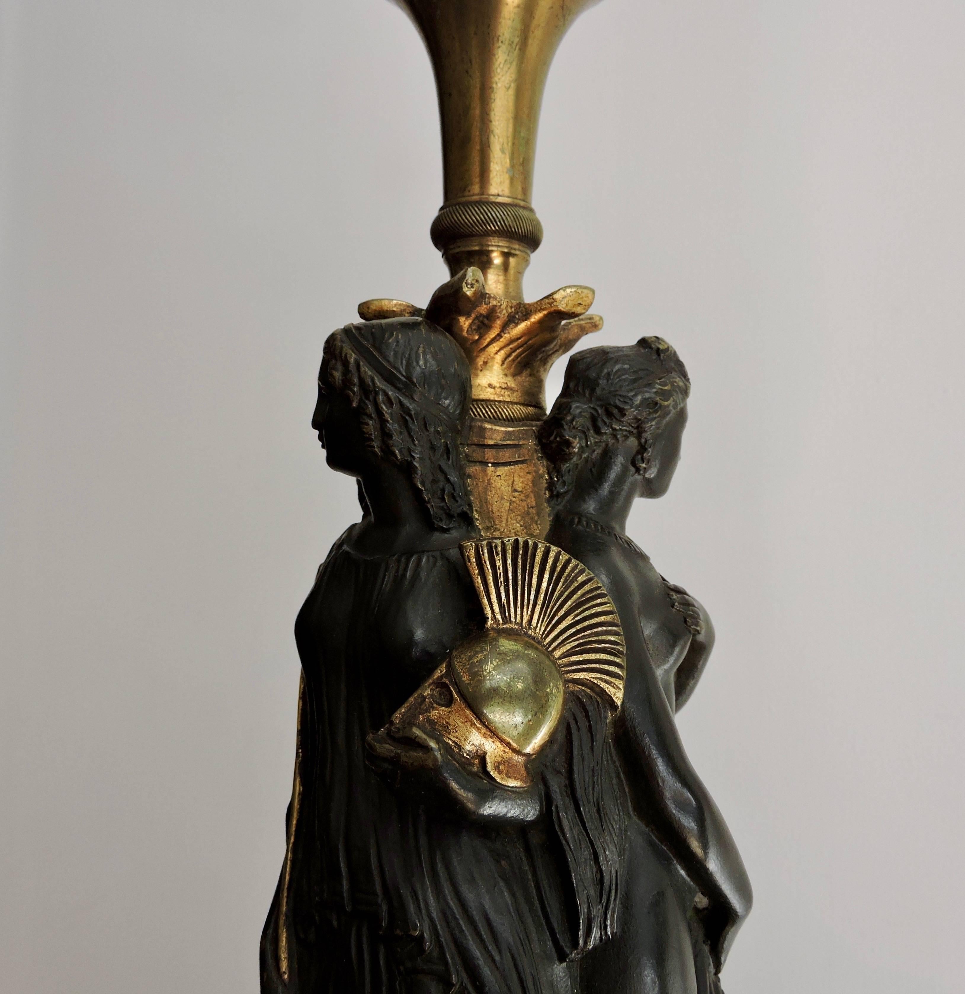 Napoleon III Patinated Bronze and Ormolu Lamp Three Graces Designed on a Green Marble Base