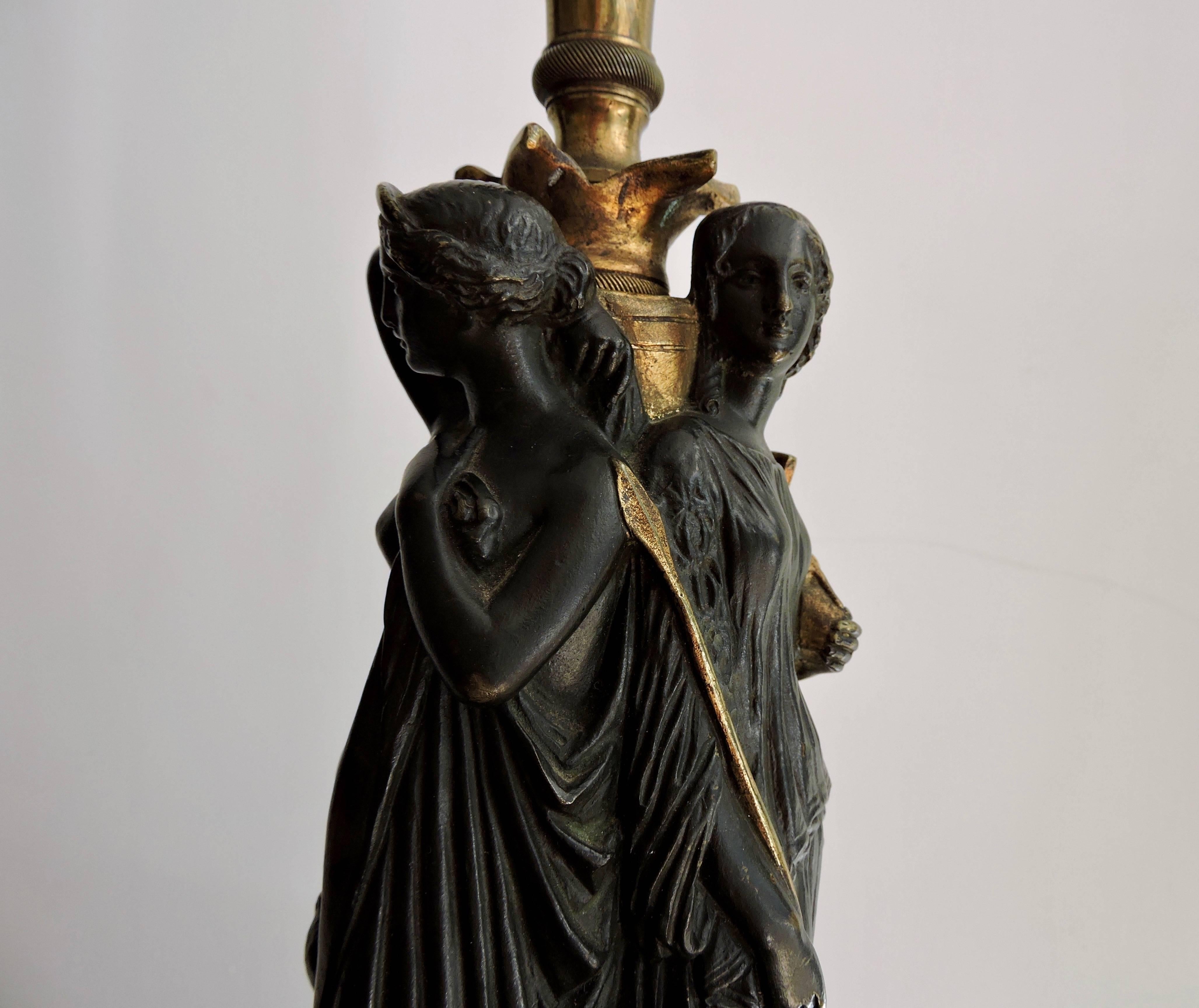 French Patinated Bronze and Ormolu Lamp Three Graces Designed on a Green Marble Base