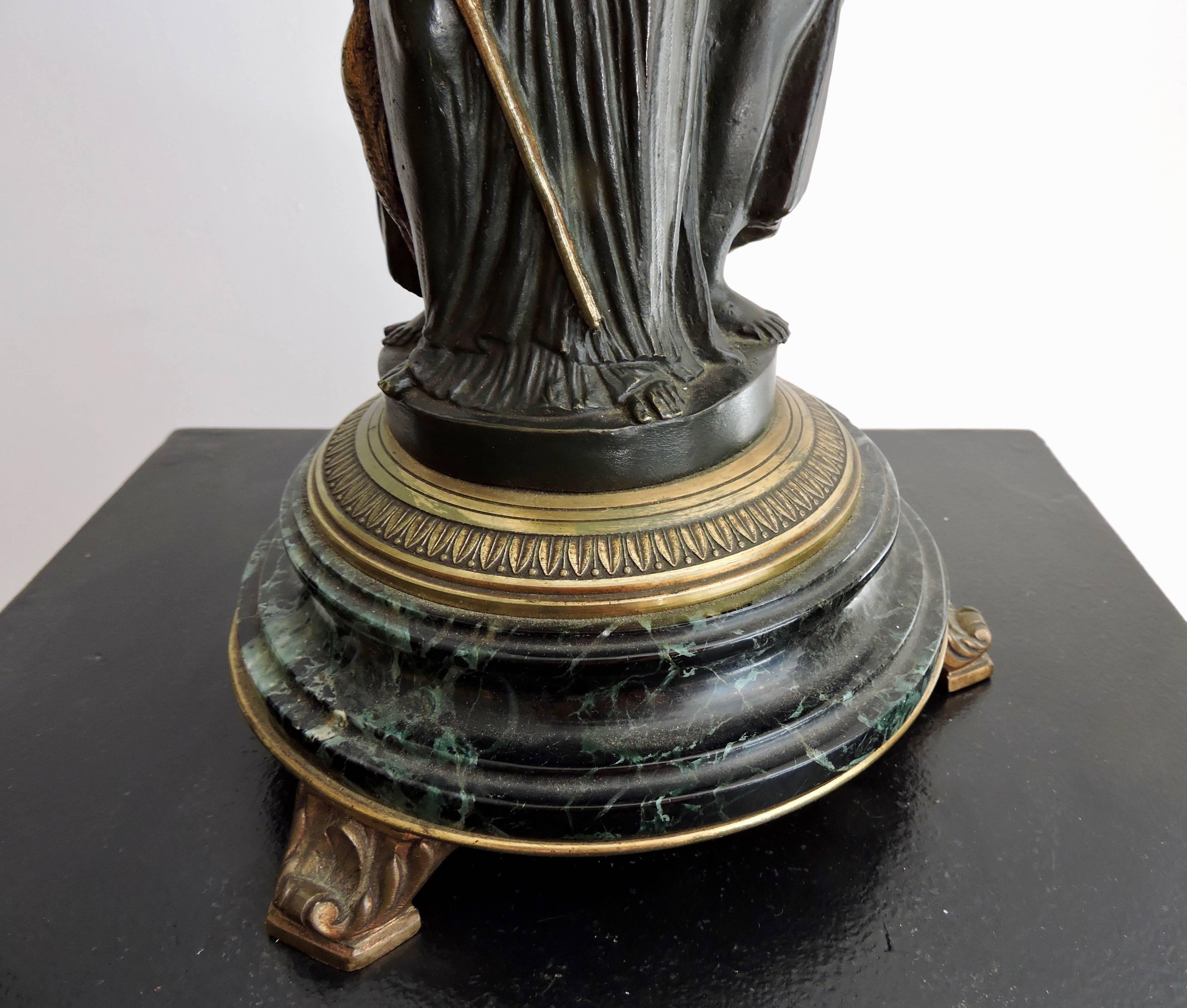 Late 19th Century Patinated Bronze and Ormolu Lamp Three Graces Designed on a Green Marble Base