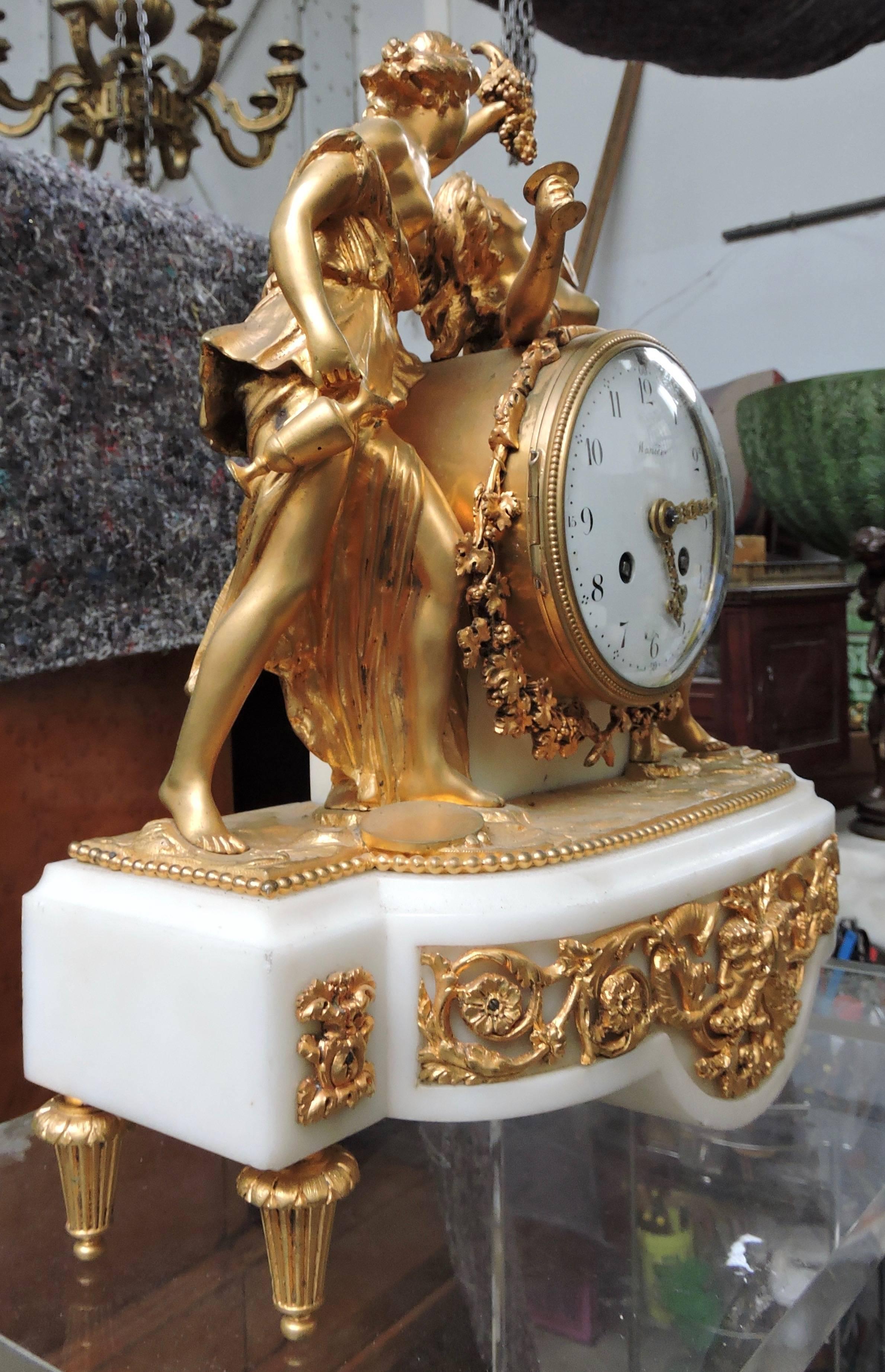 French Louis XVI Napoléon III Marble and Ormolu Mantle Clock, circa 1880 2