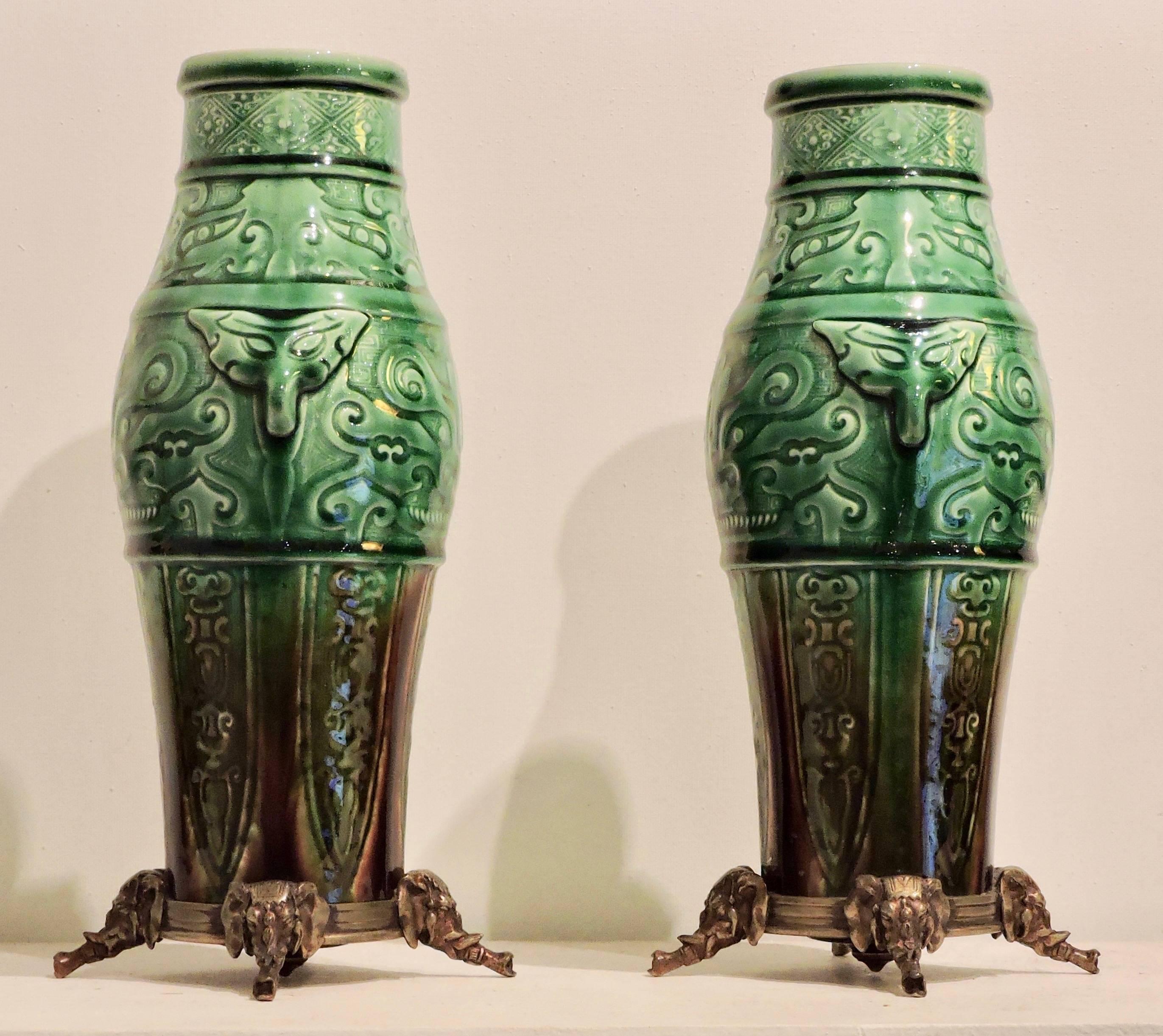 A Theodore Deck celadon and brown faience pair of vases moulded in the Chinese archaistic taste
The body with scrolls and cloud collar bands
Two patinas ormolu-mounted with elephants head's design.
Impressed TH.DECK on the mounts.