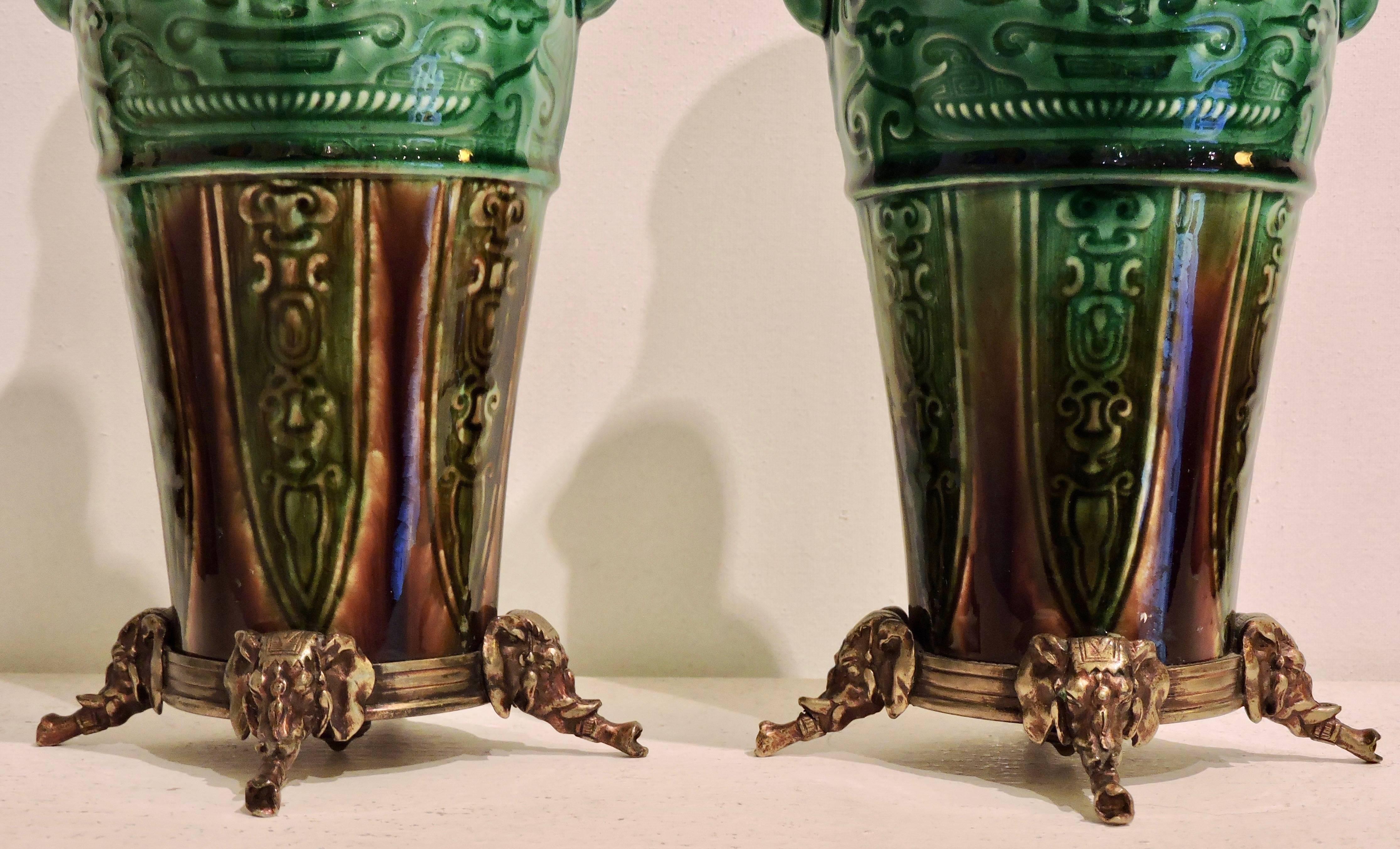 Late 19th Century Theodore Deck Faience Celadon Ormolu-Mounted Mounted Pair of Vases