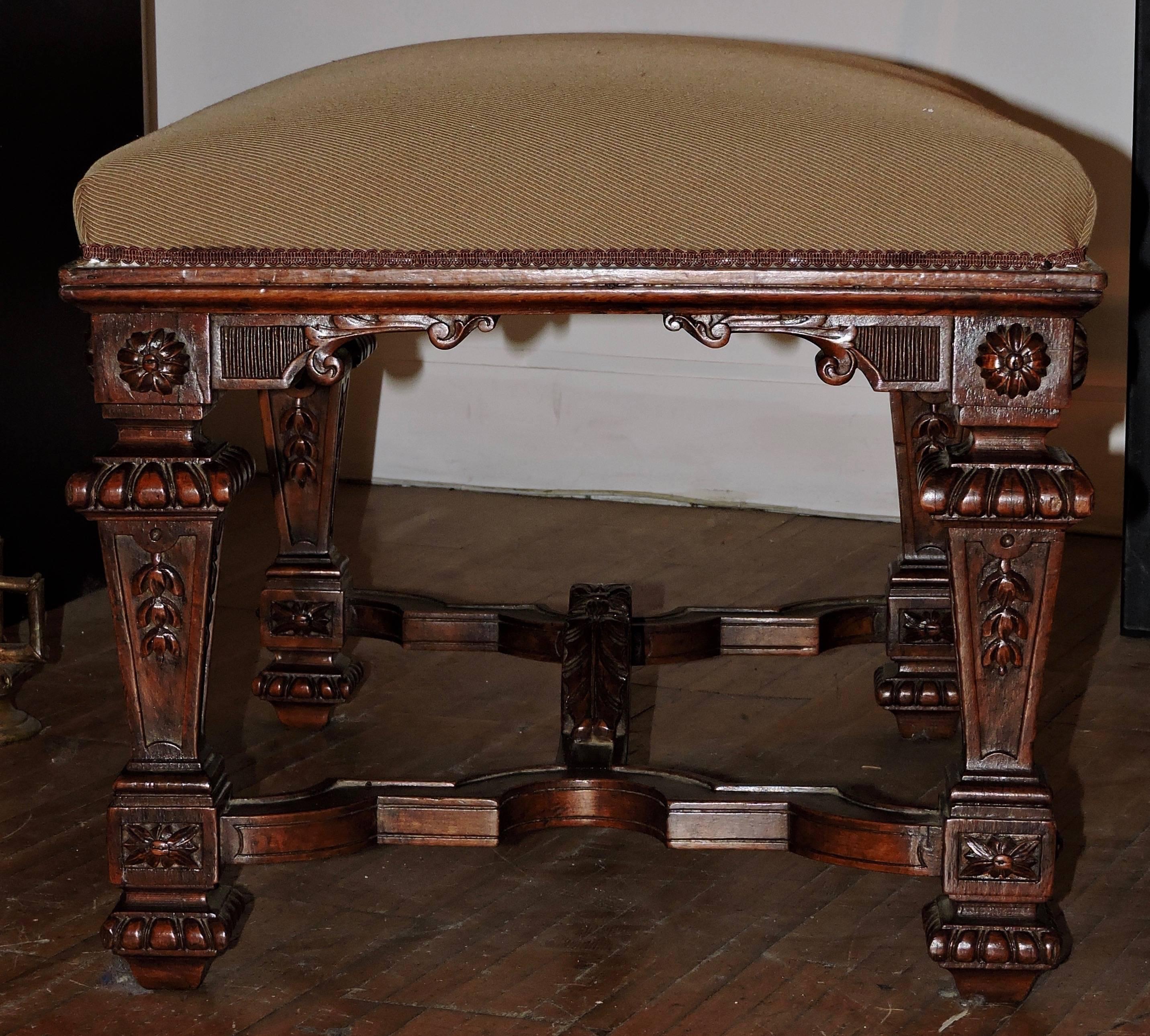 Hand-Carved Pair of 19th Century Louis XIV Rectangular Stools