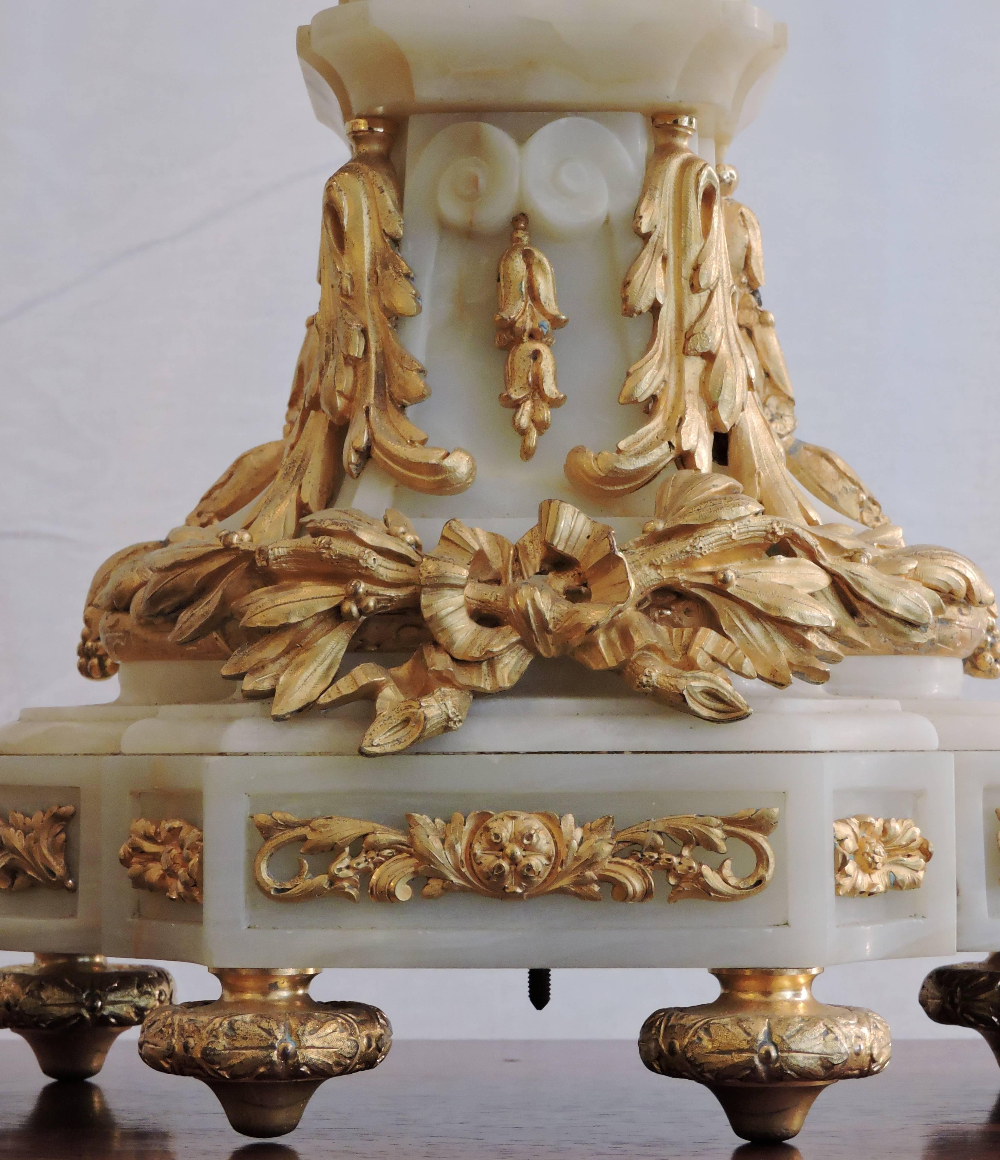 Rare French Ormulu and White Onyx Thee-Piece Clock Garniture by Raingo Freres 4