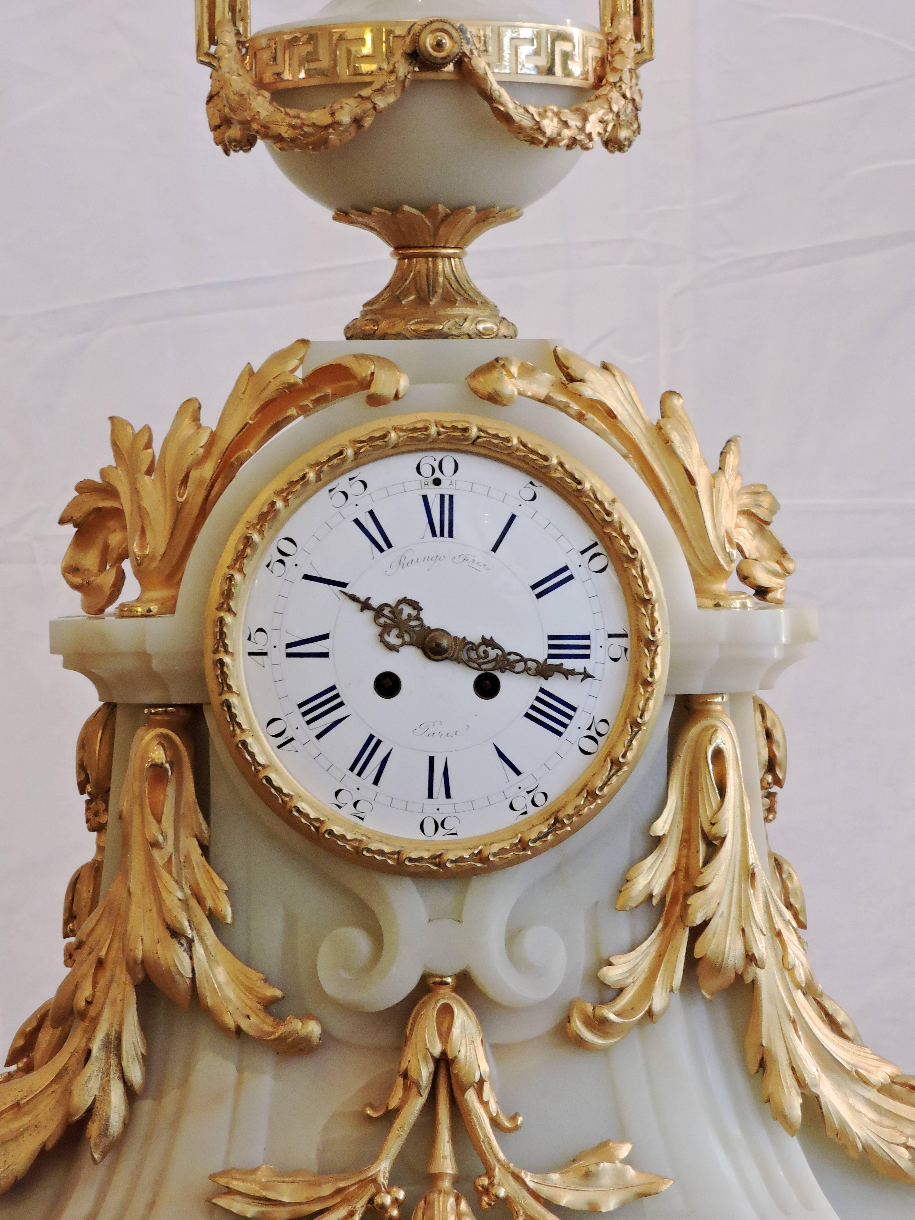 Napoleon III Rare French Ormulu and White Onyx Thee-Piece Clock Garniture by Raingo Freres