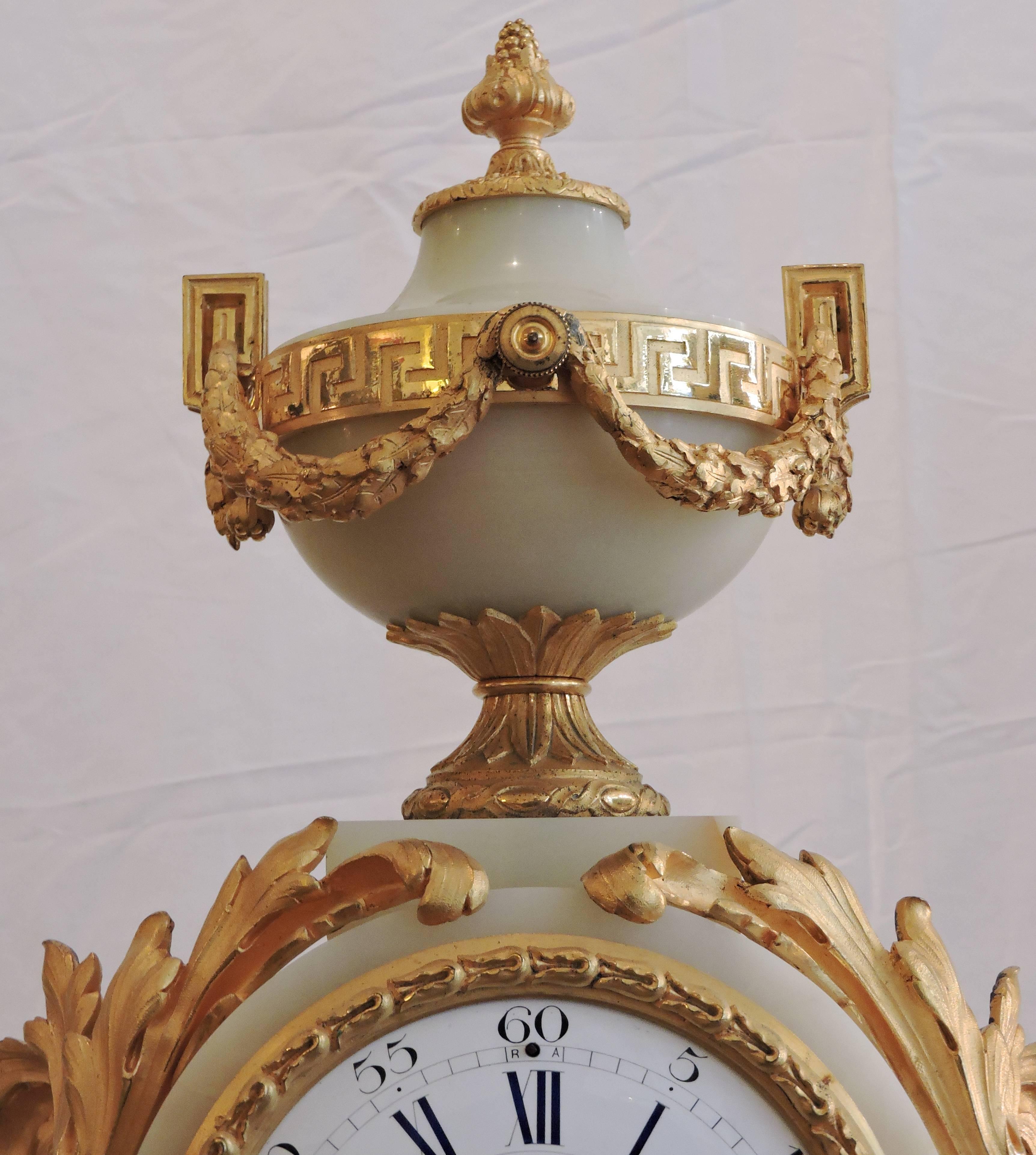 Hand-Carved Rare French Ormulu and White Onyx Thee-Piece Clock Garniture by Raingo Freres