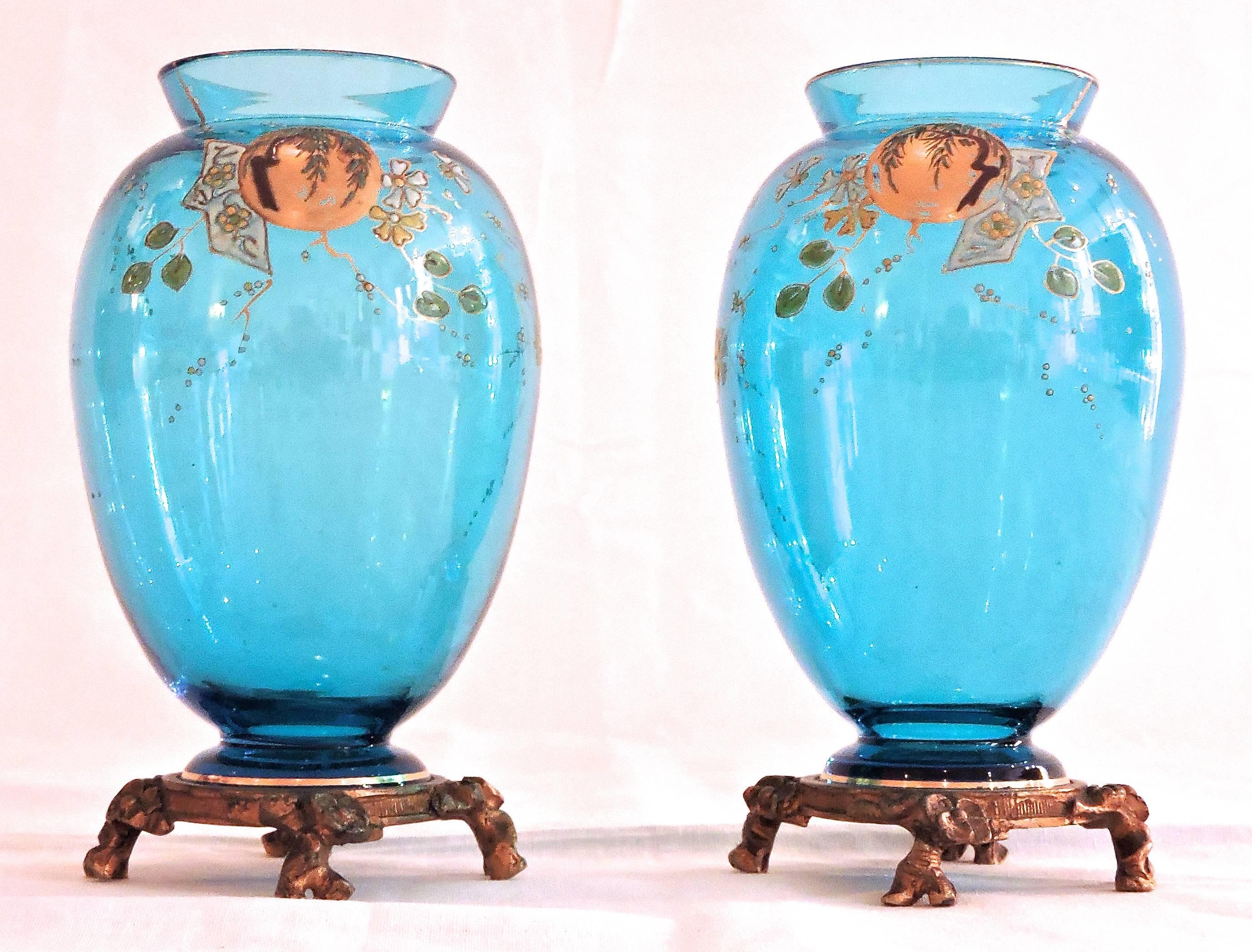 Pair of blue crystal enamel vases with ormolu mounts. Delicate example of 19th century French Japonisme, this is a perfect mirrored / symmetrical pair.