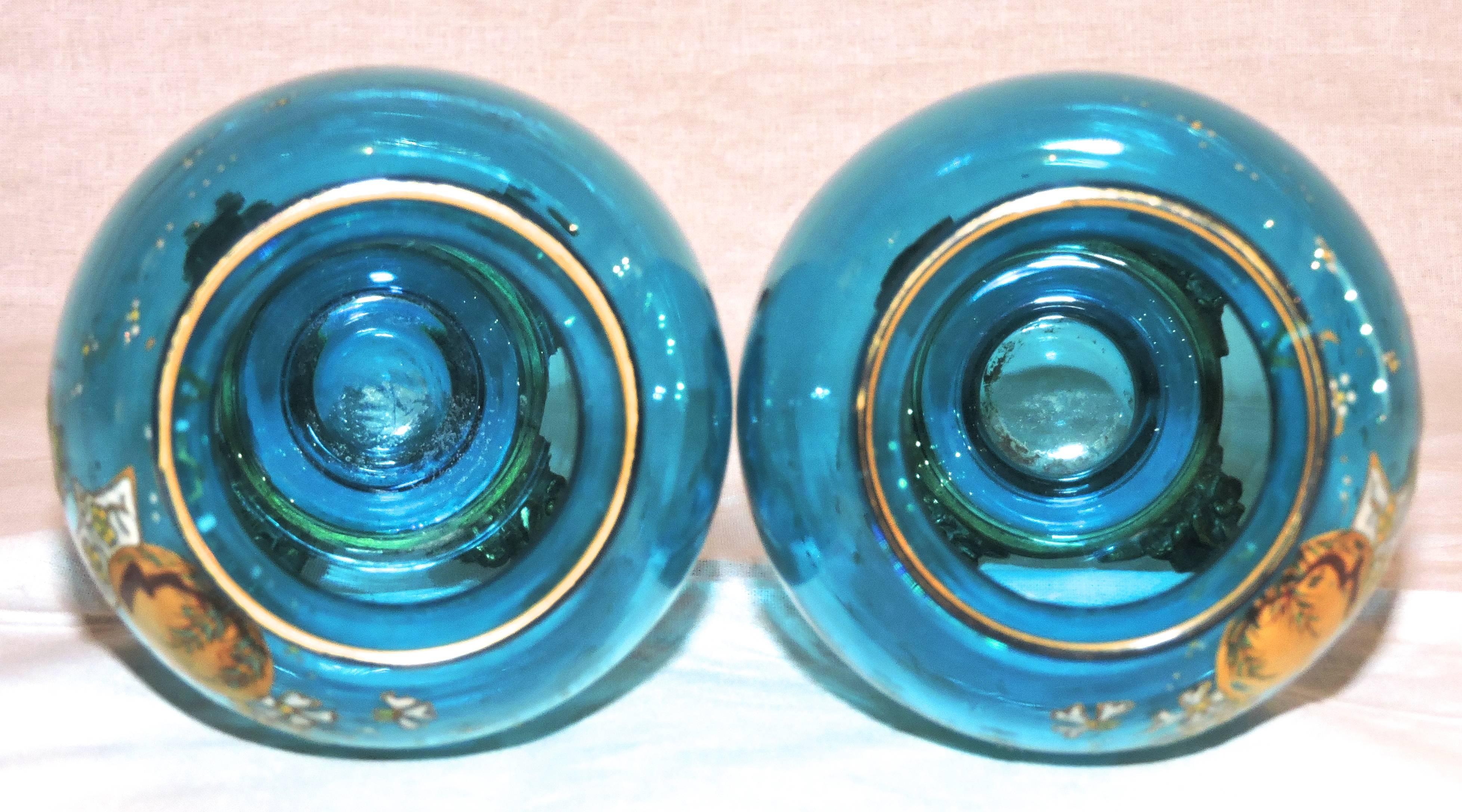 19th Century Pair of French Japonisme Blue Crystal Enamel Vases Attributed to Baccarat