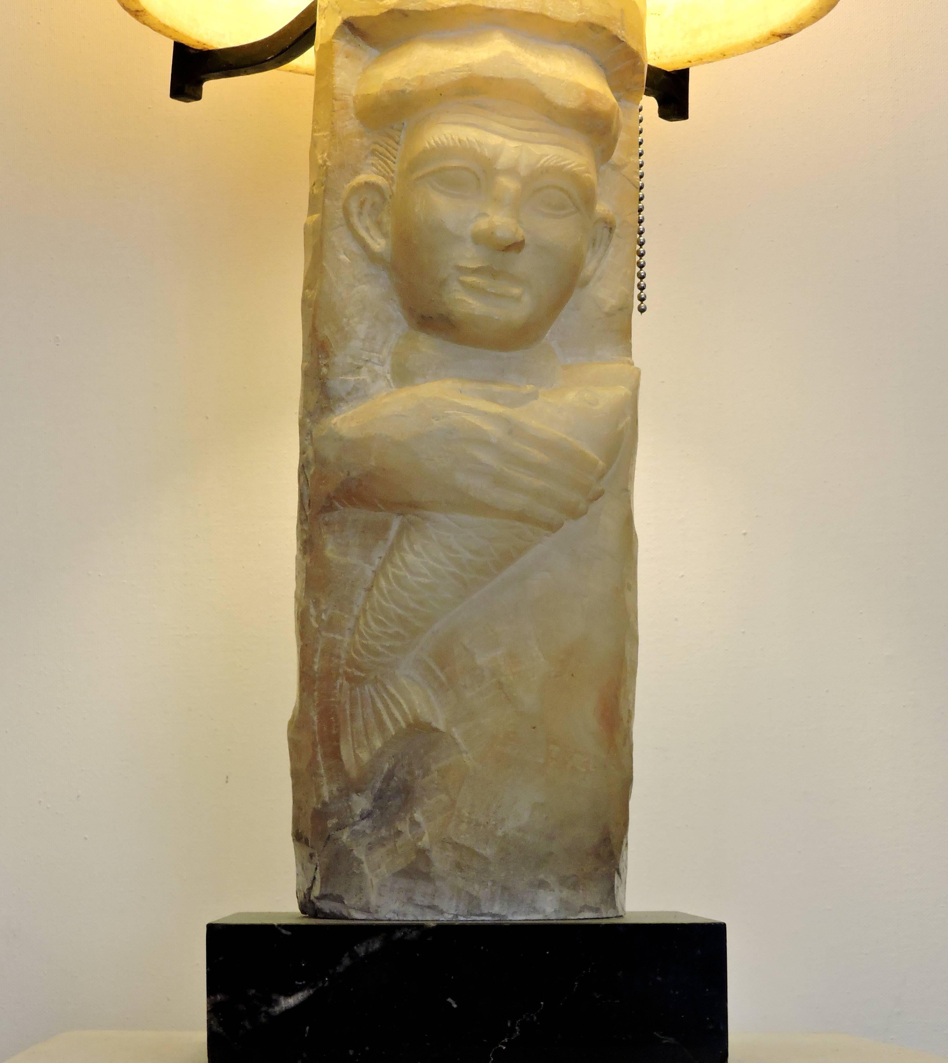 Art Deco 1940s Alabaster and Marble Mounted Lamp