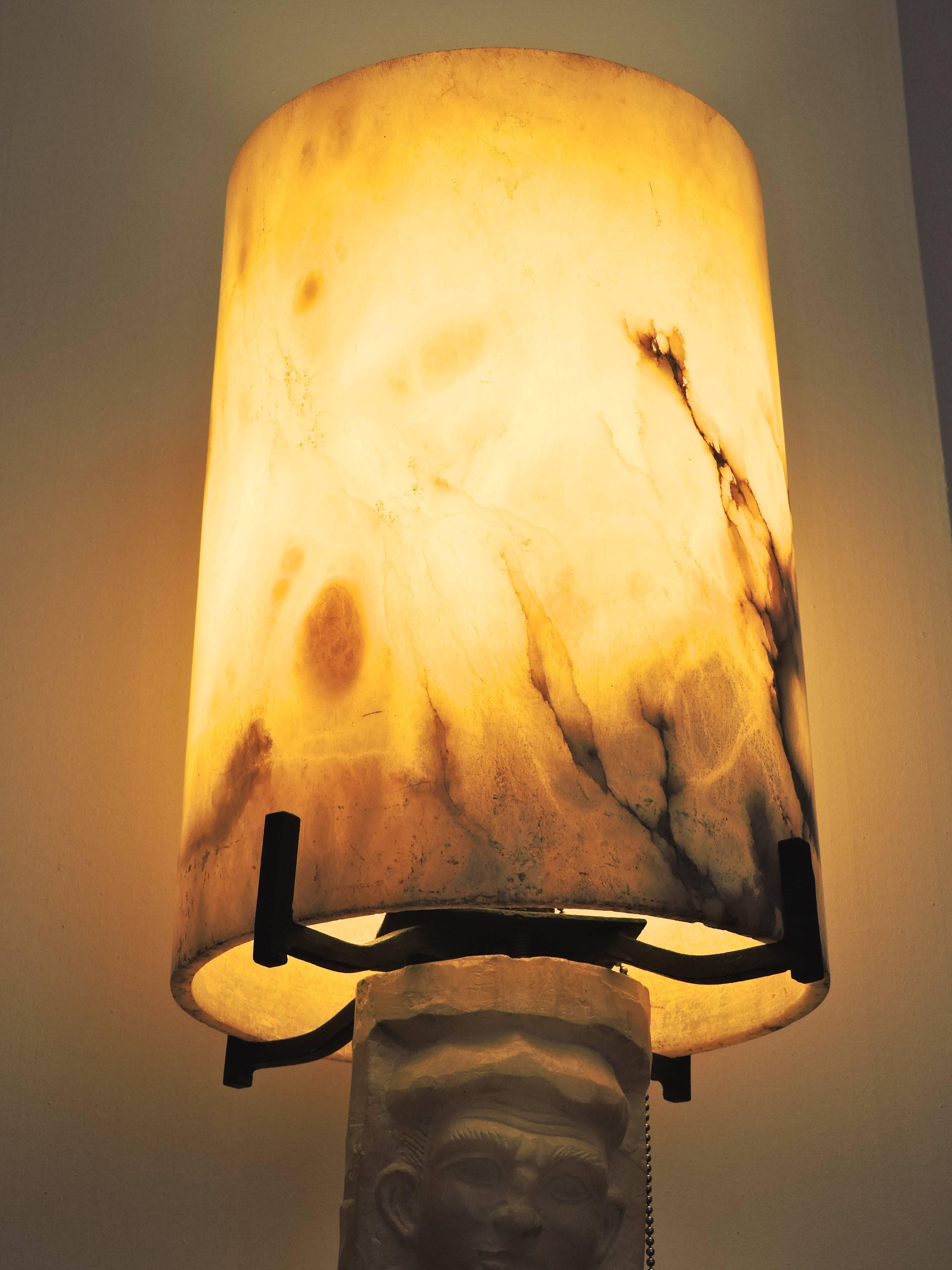 French 1940s Alabaster and Marble Mounted Lamp