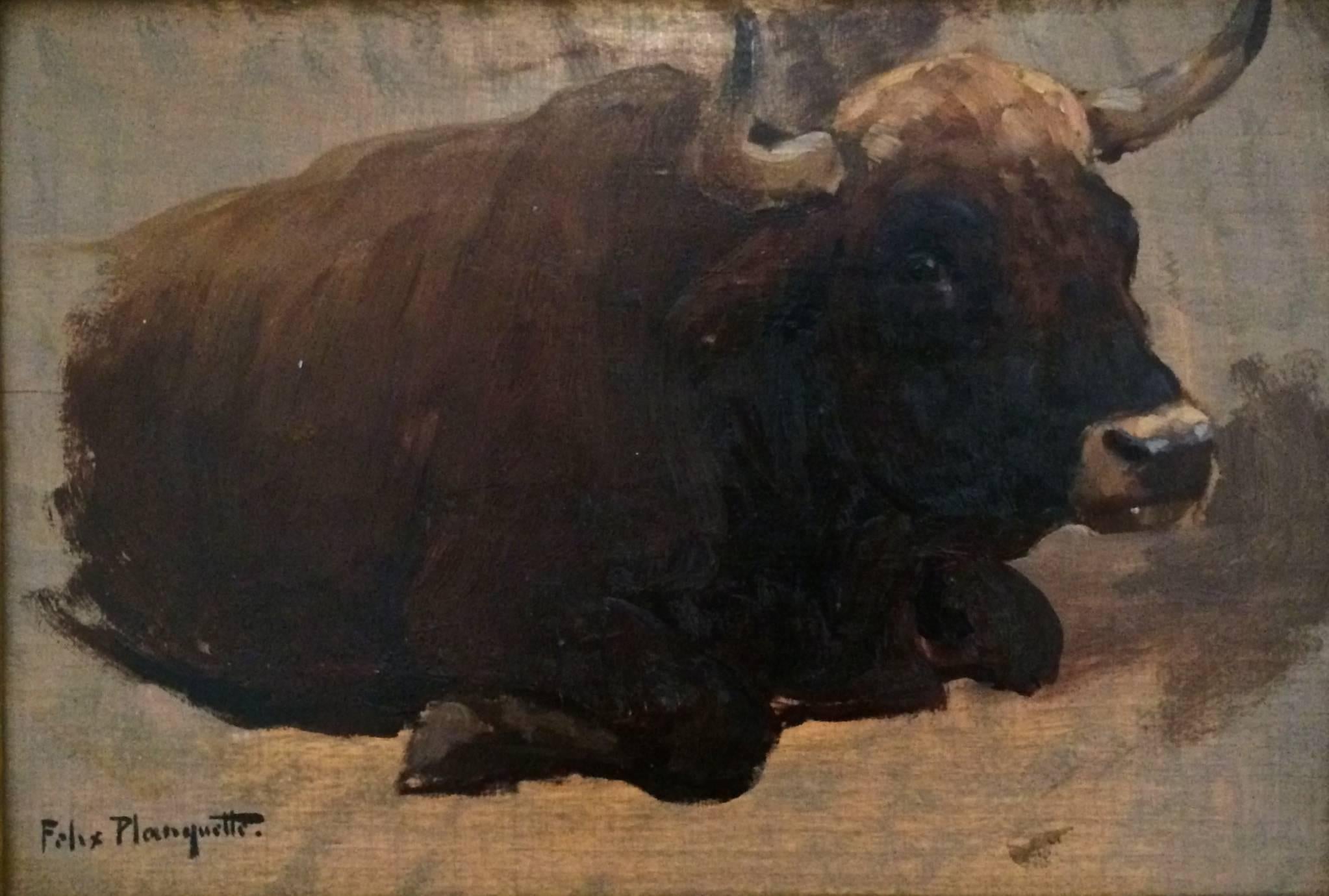 Felix Planquette (1873-1964) 
Study of a Bull, 
oil on cardboard, 17.6 x 26.8 cm

Renowned animal painter at the end of 19th-mid 20th century France, Felix Planquette, regularly exhibited at the Salon des Artistes Français and received the Rosa