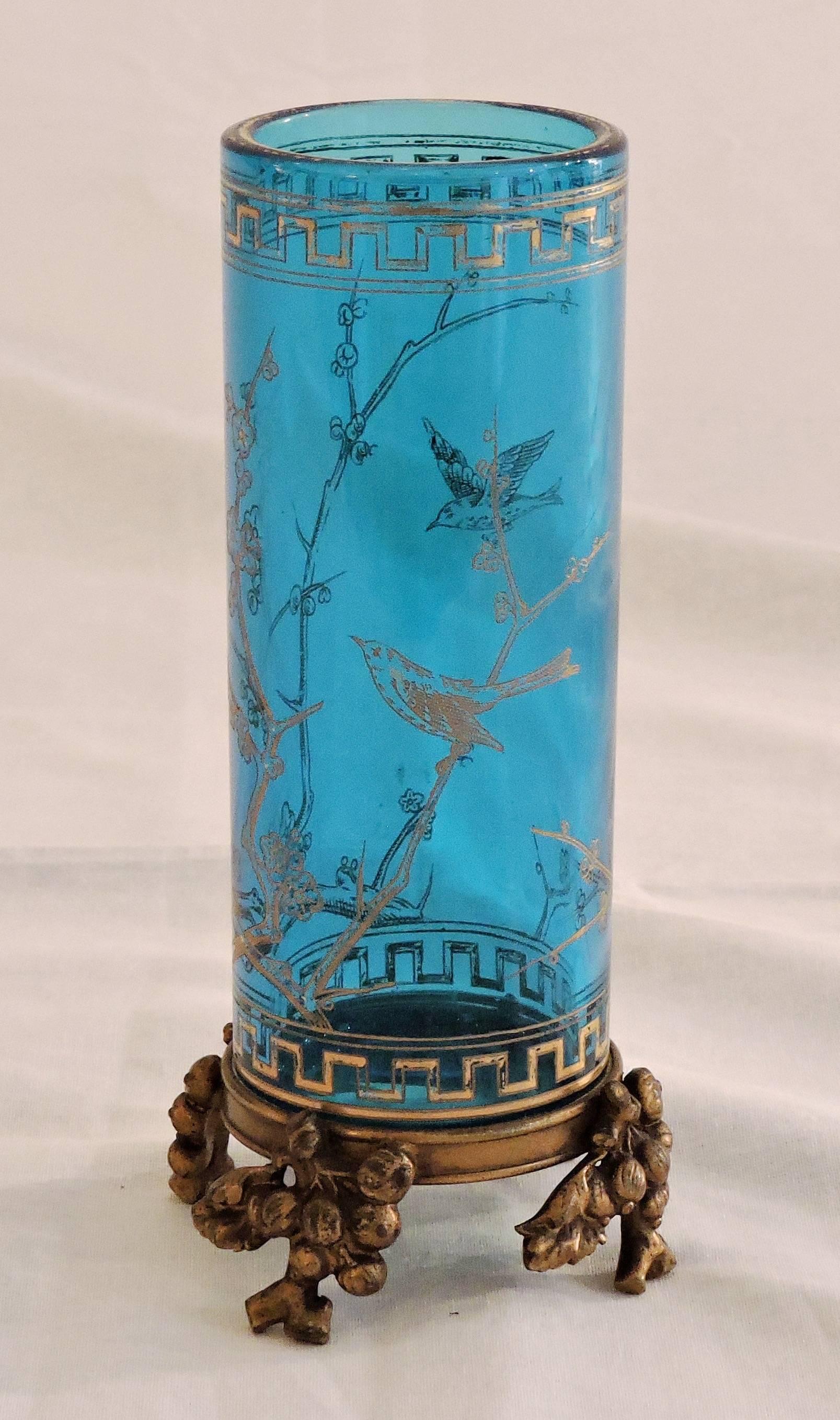A Maison Baccarat Japonisme blue and gilt crystal vase with ormolu mount 
Birds and vegetal design
Stamped under the base
circa 1890.