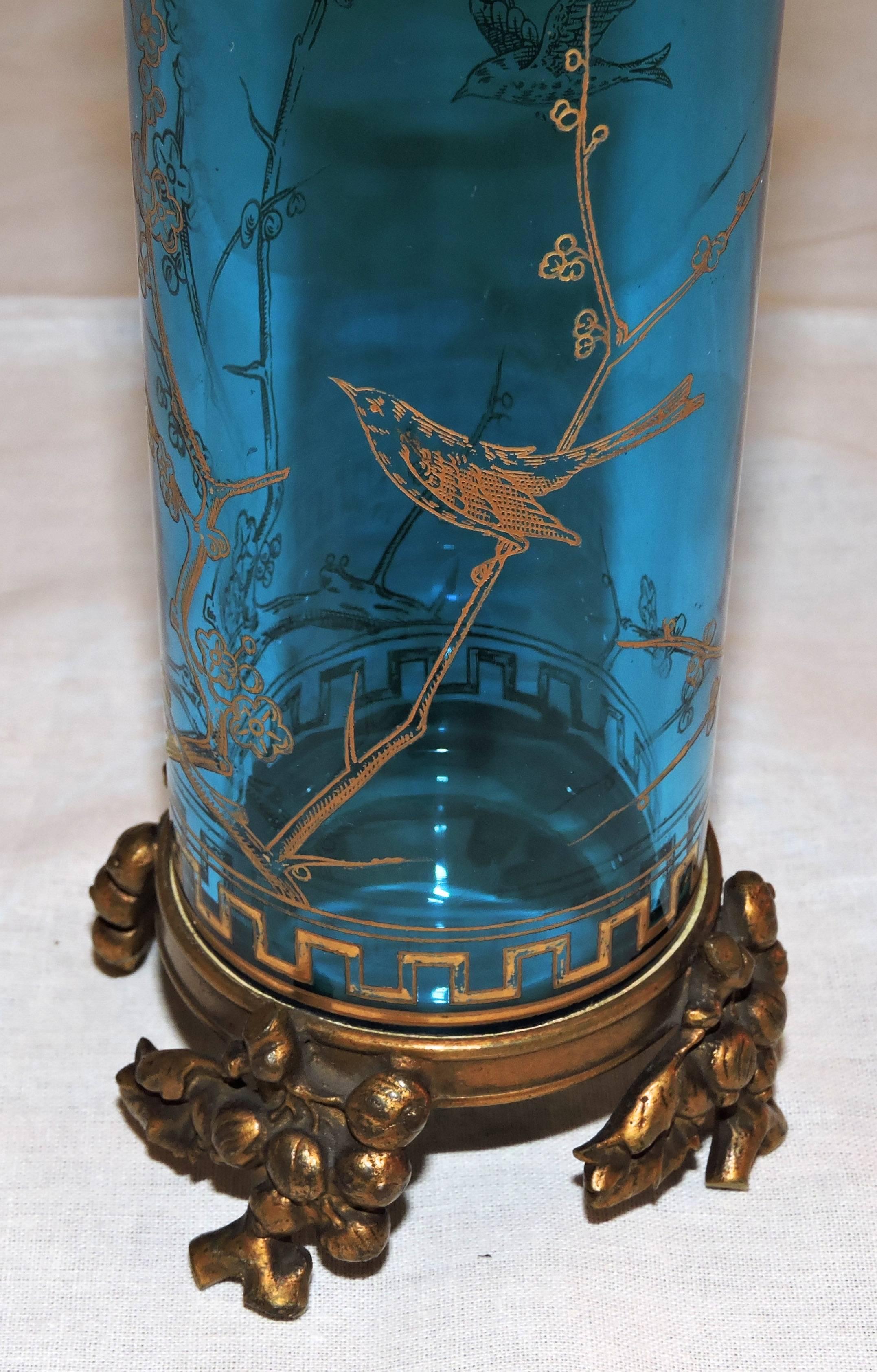 French Maison Baccarat Japonisme Blue Crystal Vase with Ormolu Mount, circa 1890