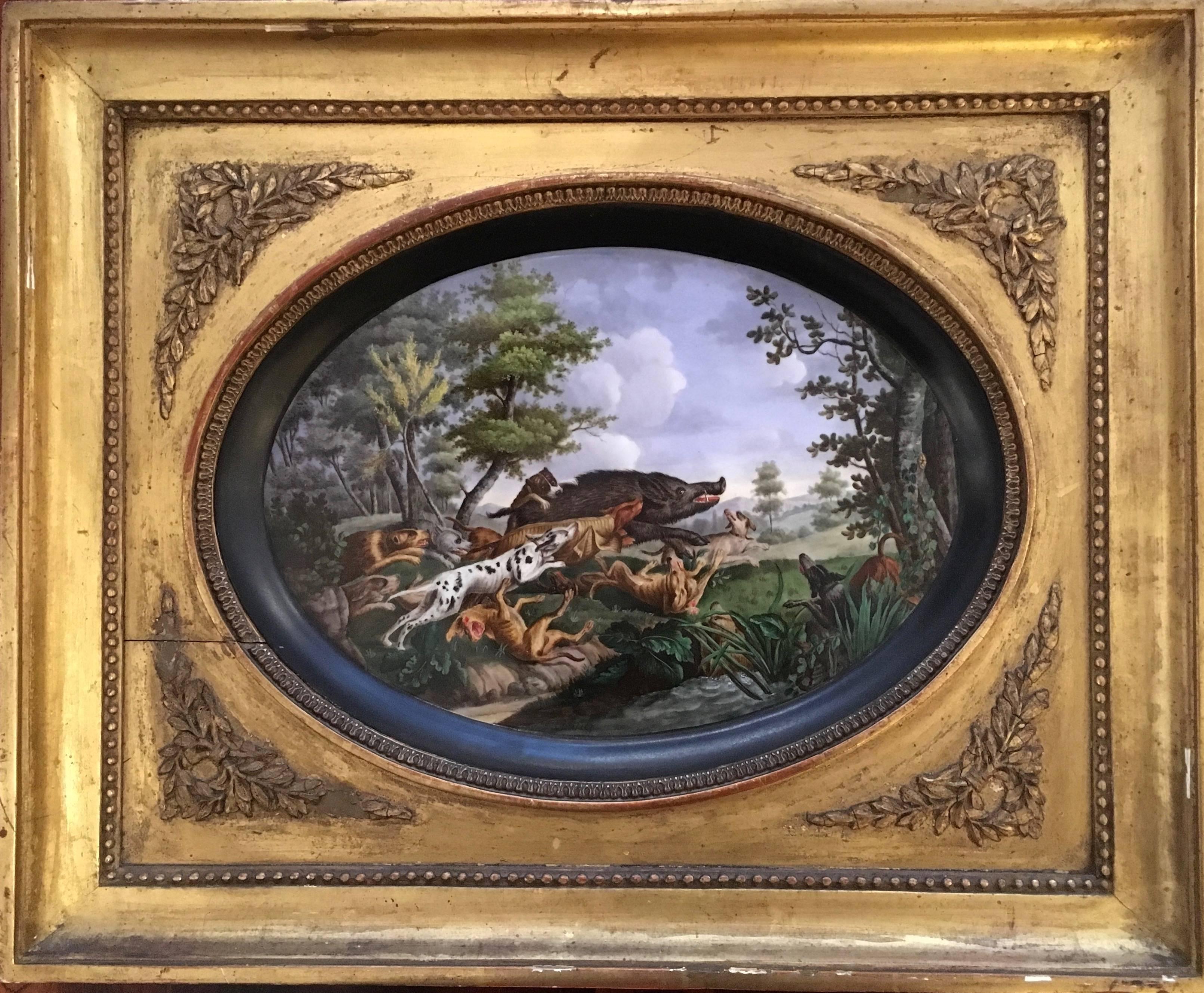 Pair of framed hand-painted Paris porcelain hunting scenes,
After French painter Nicolas Desportes (1718-1787)

Two oval plaques, giltwood original frames. 
19th century, circa 1830-40

Both signed Chanez. 
Framed 38 x 47 cm.
 