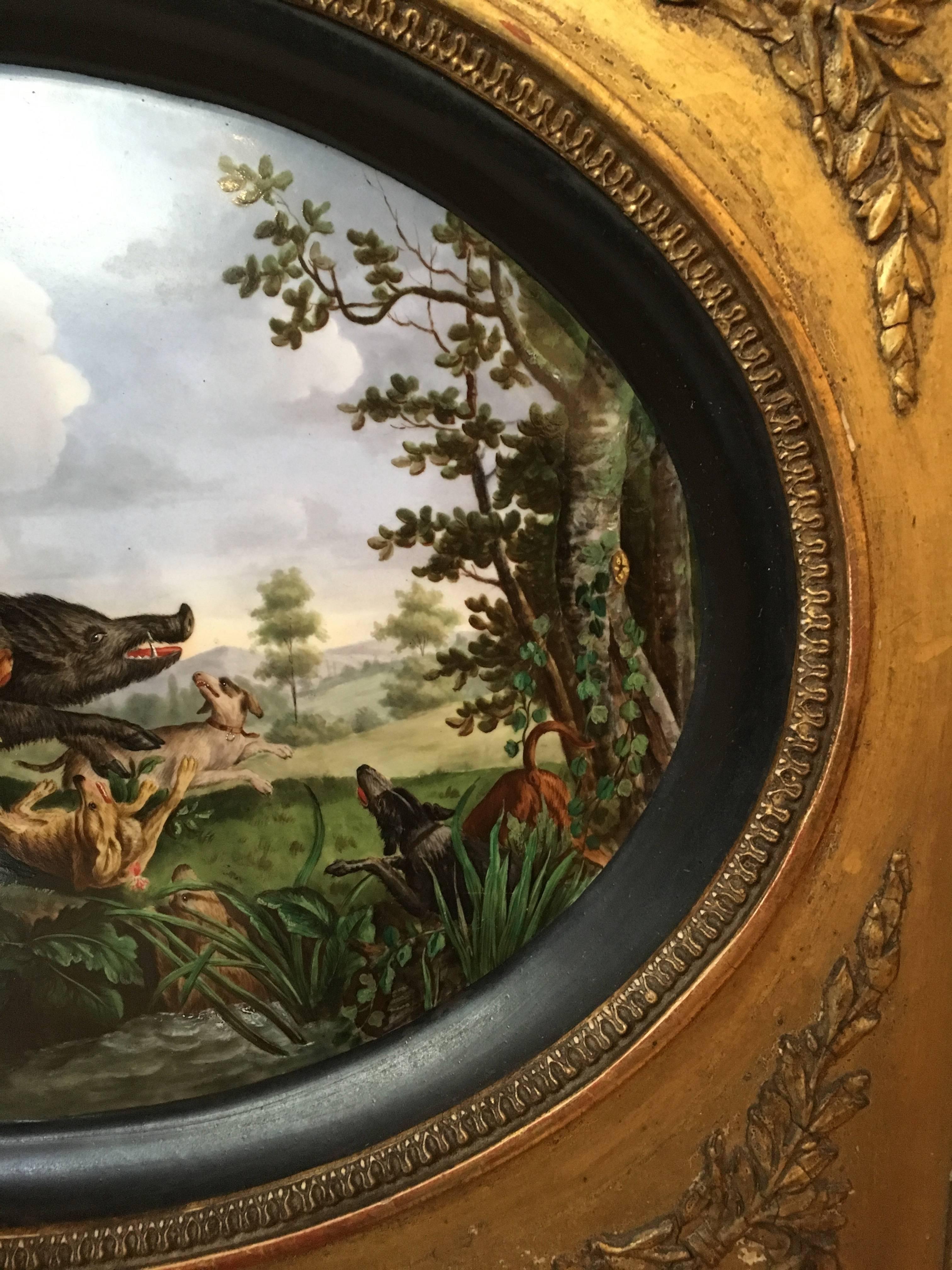 Pair of Framed Hand-Painted Paris Porcelain Hunting Scenes, after N. Desportes In Good Condition In Saint-Ouen, FR