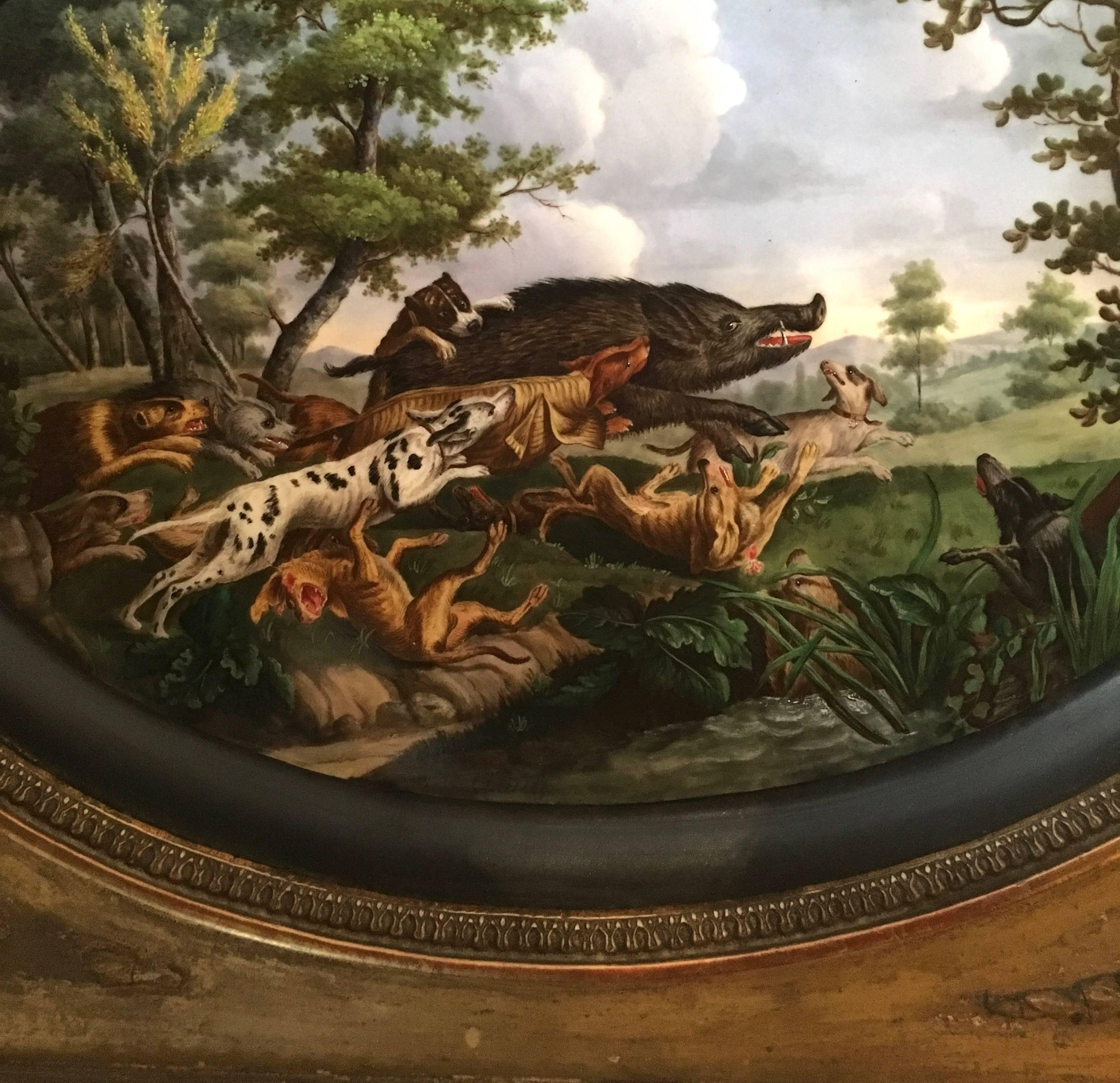 Mid-19th Century Pair of Framed Hand-Painted Paris Porcelain Hunting Scenes, after N. Desportes