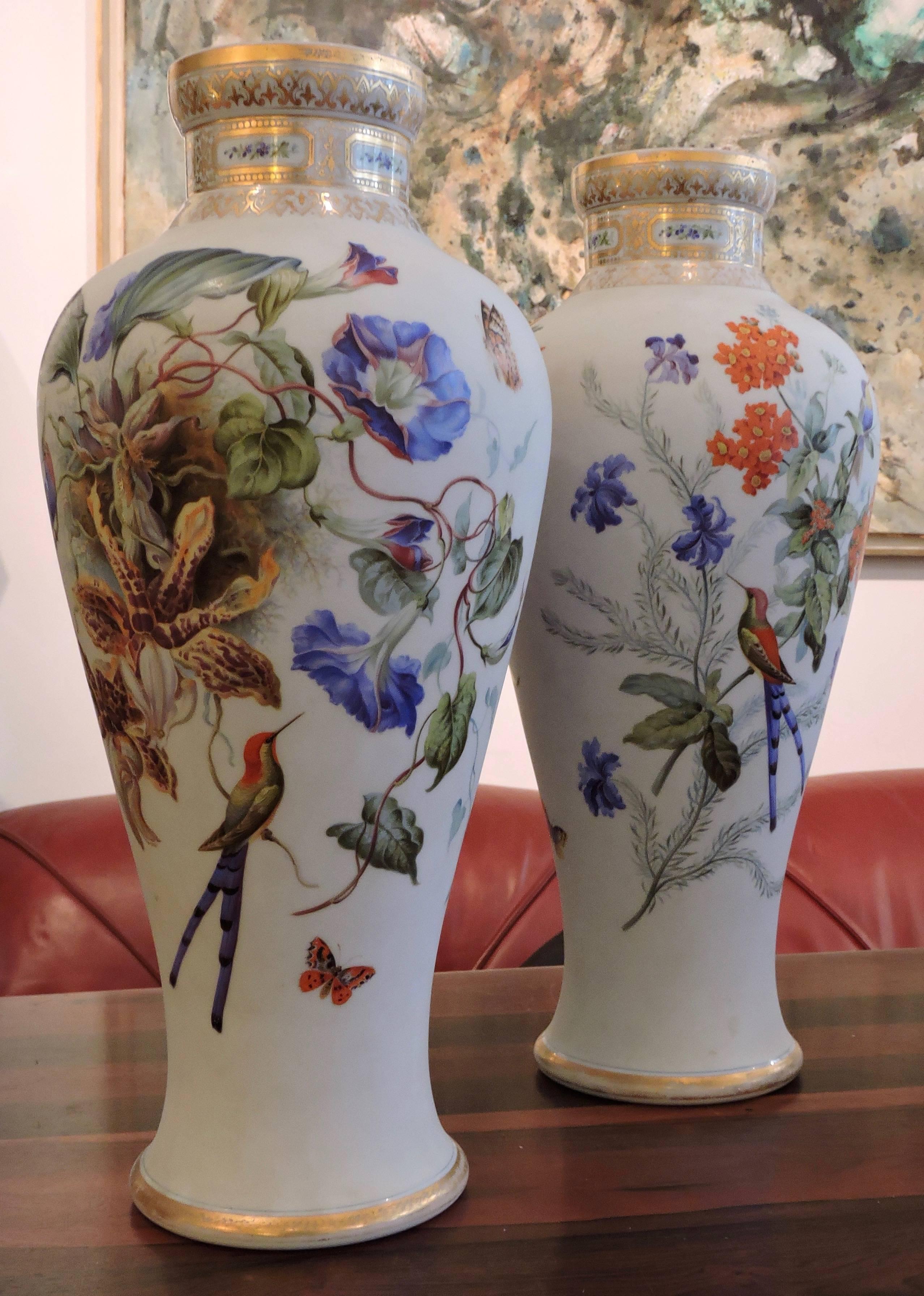 Enameled Pair of Baccarat Opaline Glass Vases, circa 1840