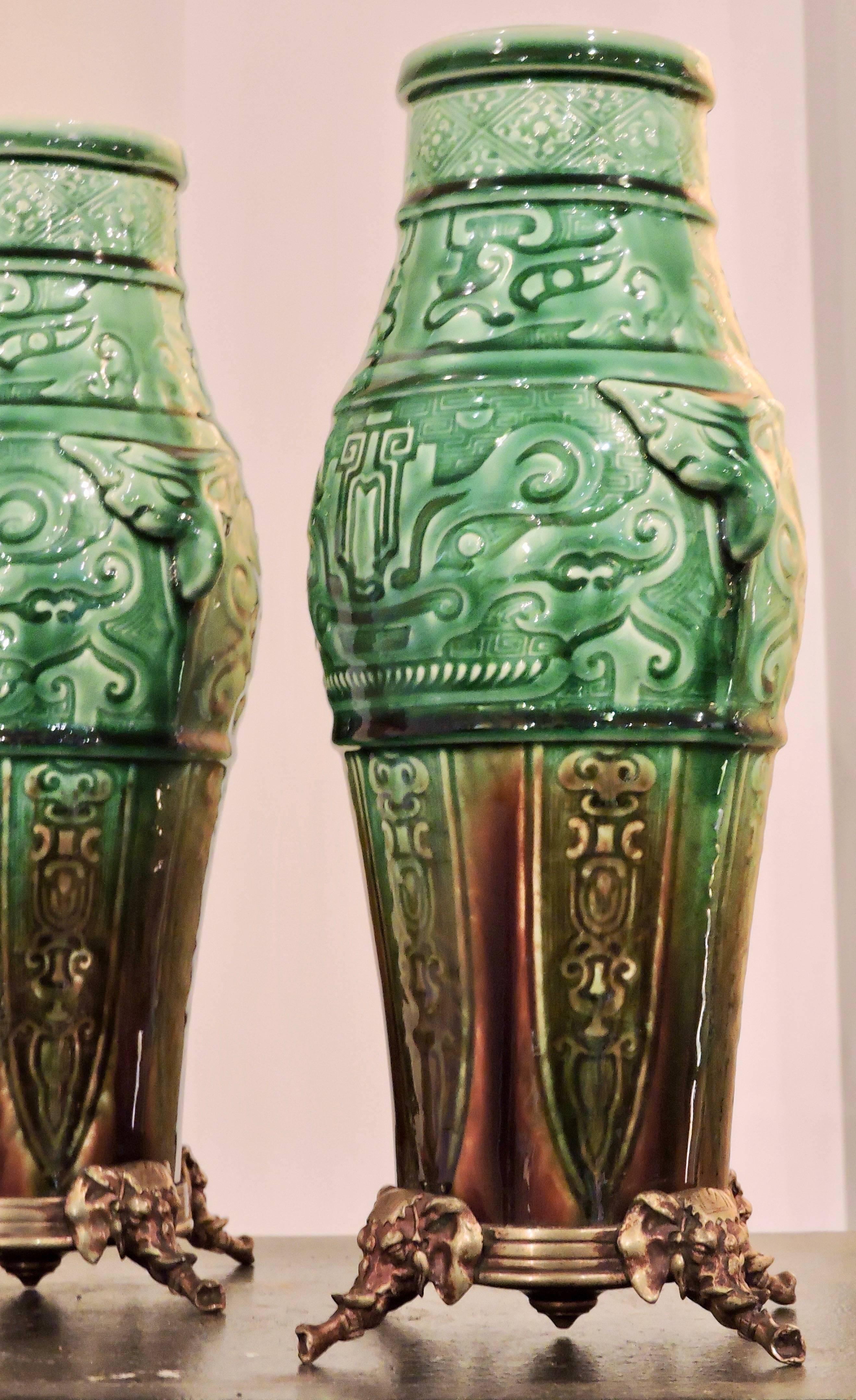 Enameled Theodore Deck Faience Celadon Ormolu-Mounted Mounted Pair of Vases