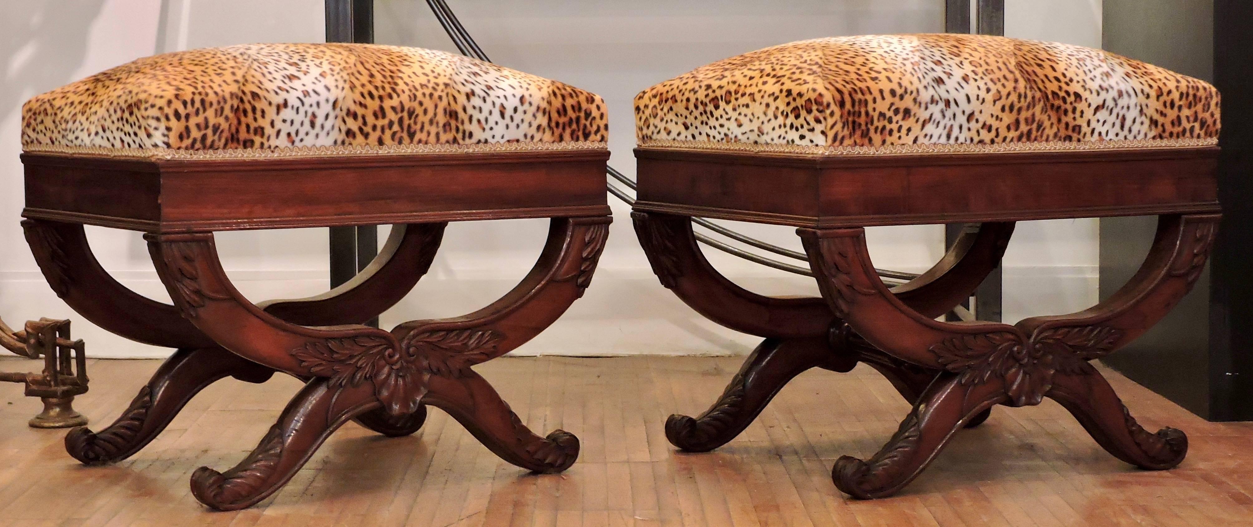 Carved Pair of Empire French Curule Stools