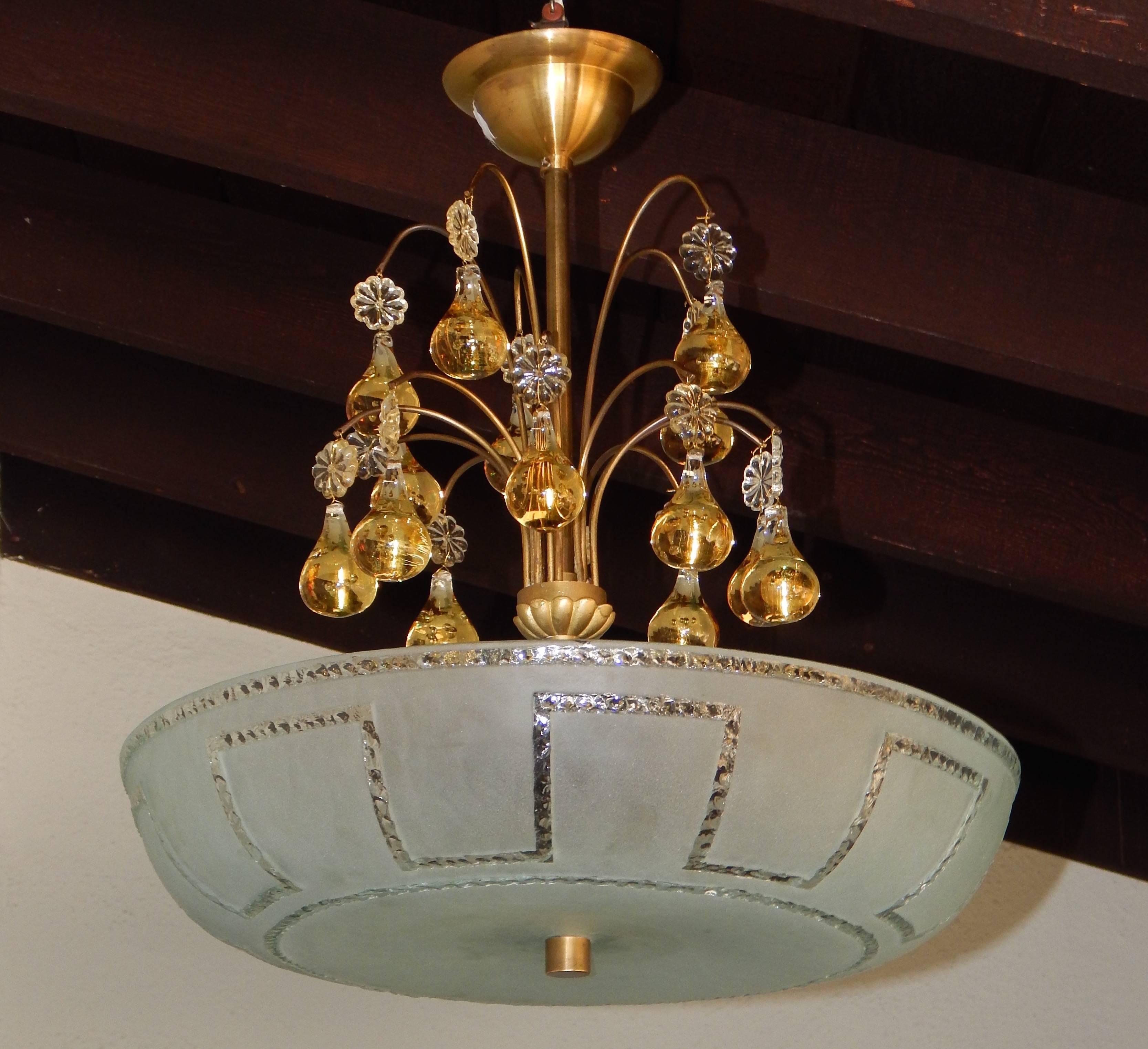 Swedish Orrefors Mid-20th Century Hanging Fixture with Pear Crystal Canopy, 1960s