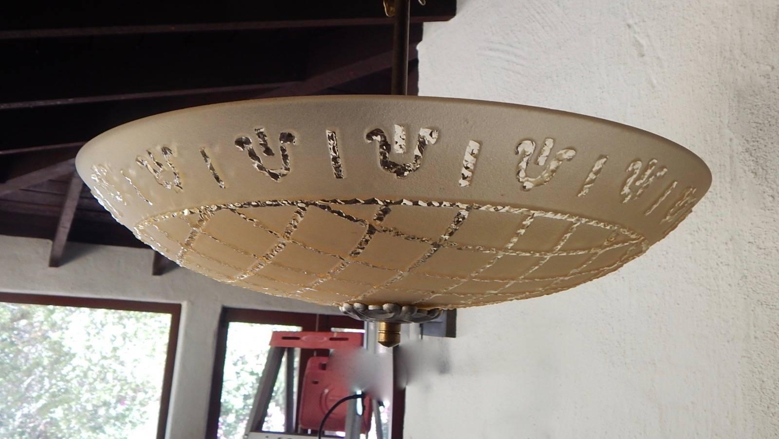 Mid-Century Modern Swedish Midcentury Neoclassical Etched Glass Hanging Fixture, circa 1950 For Sale