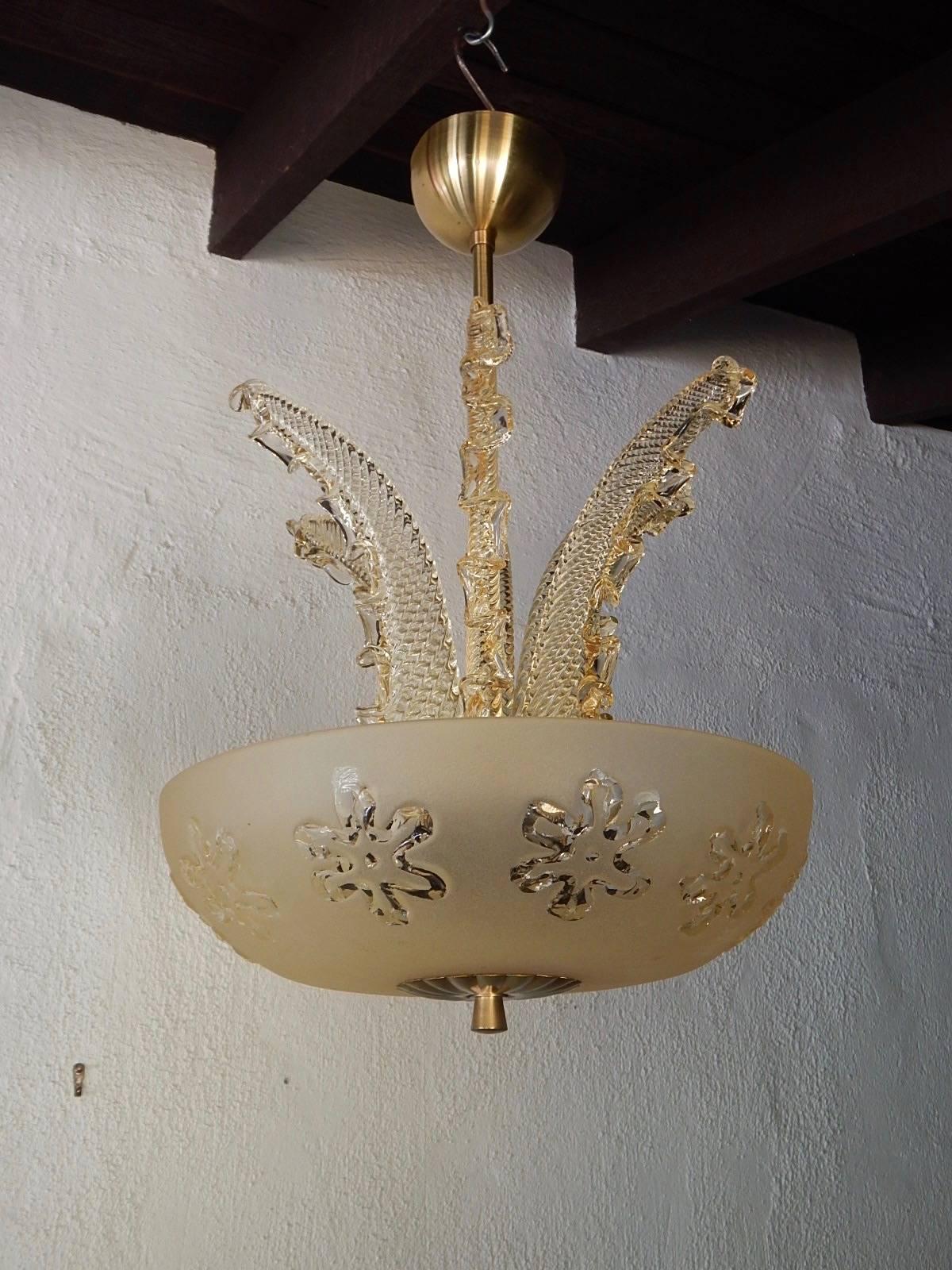 Swedish Hanging Fixture with Glass Leaves, circa 1950 In Excellent Condition For Sale In Richmond, VA