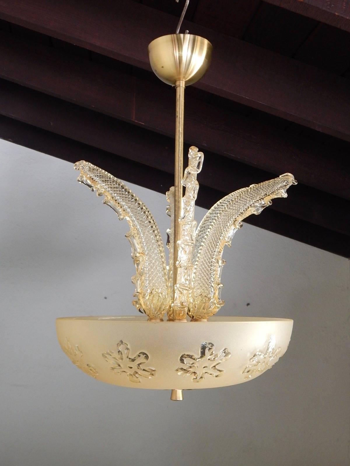 Mid-20th Century Swedish Hanging Fixture with Glass Leaves, circa 1950 For Sale