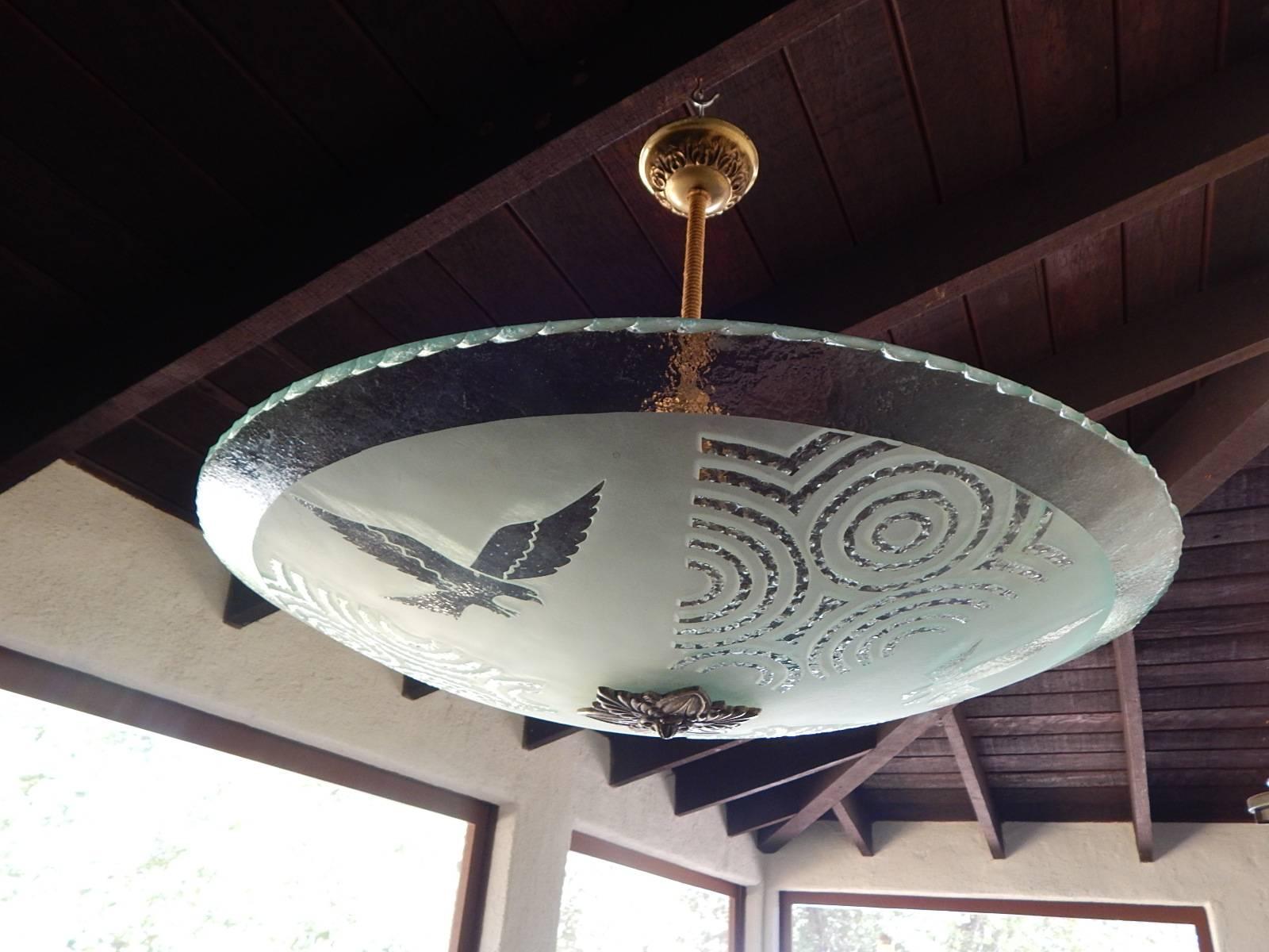 Swedish Art Deco Etched Glass Lighting Fixture with Eagle Motif, circa 1930 For Sale 2