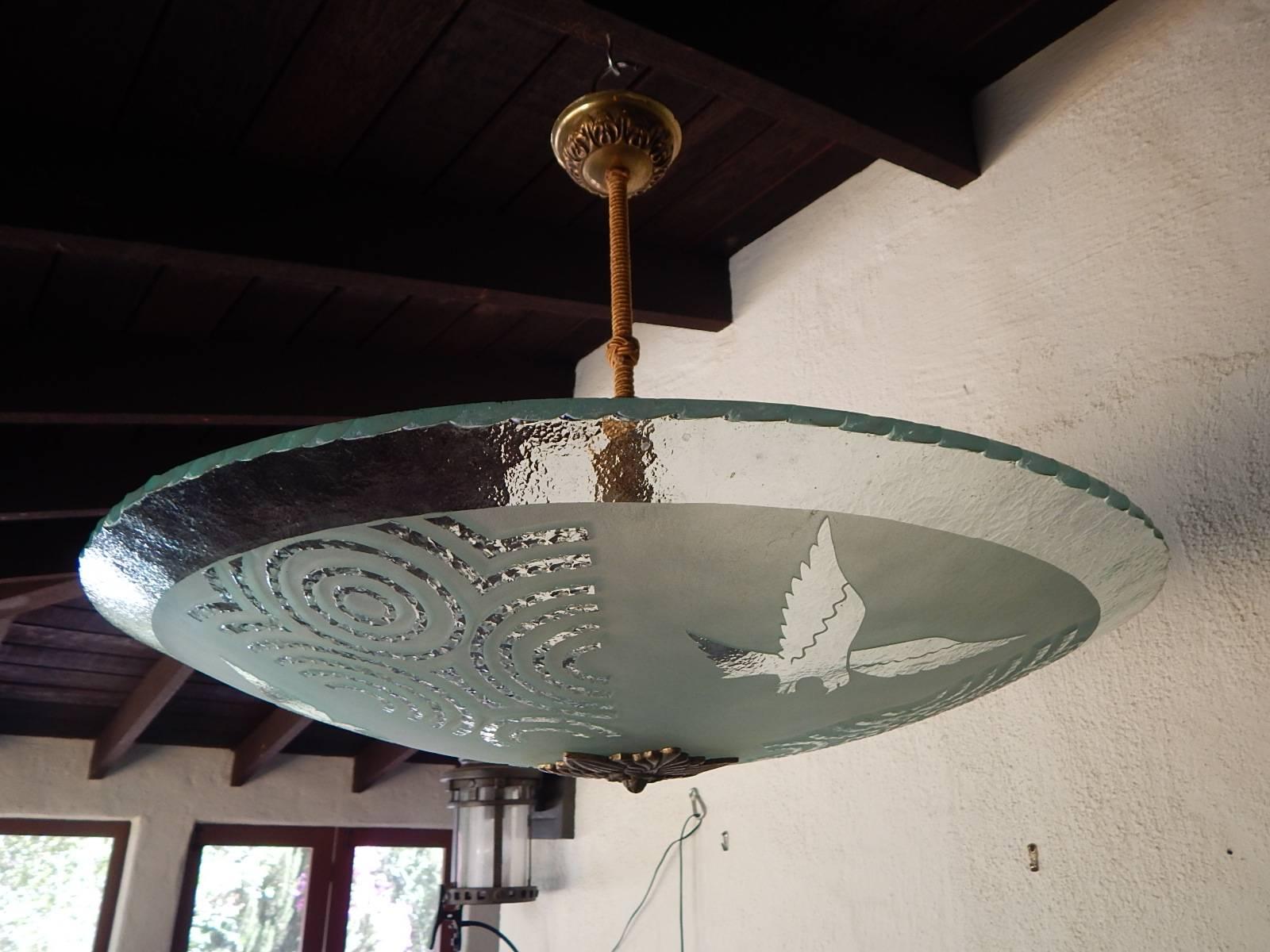 Art Glass Swedish Art Deco Etched Glass Lighting Fixture with Eagle Motif, circa 1930 For Sale