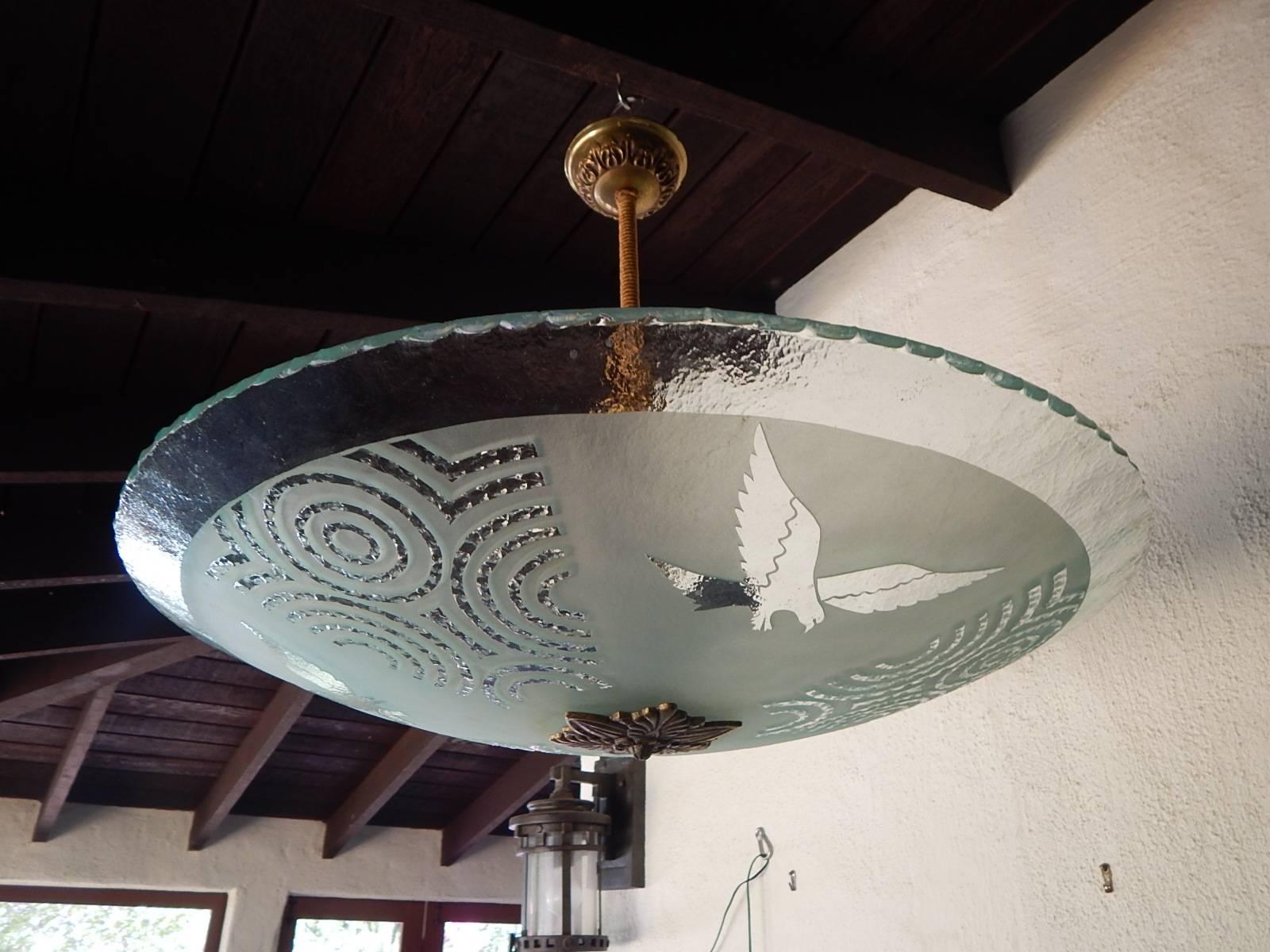 Swedish Art Deco Etched Glass Lighting Fixture with Eagle Motif, circa 1930 For Sale 1
