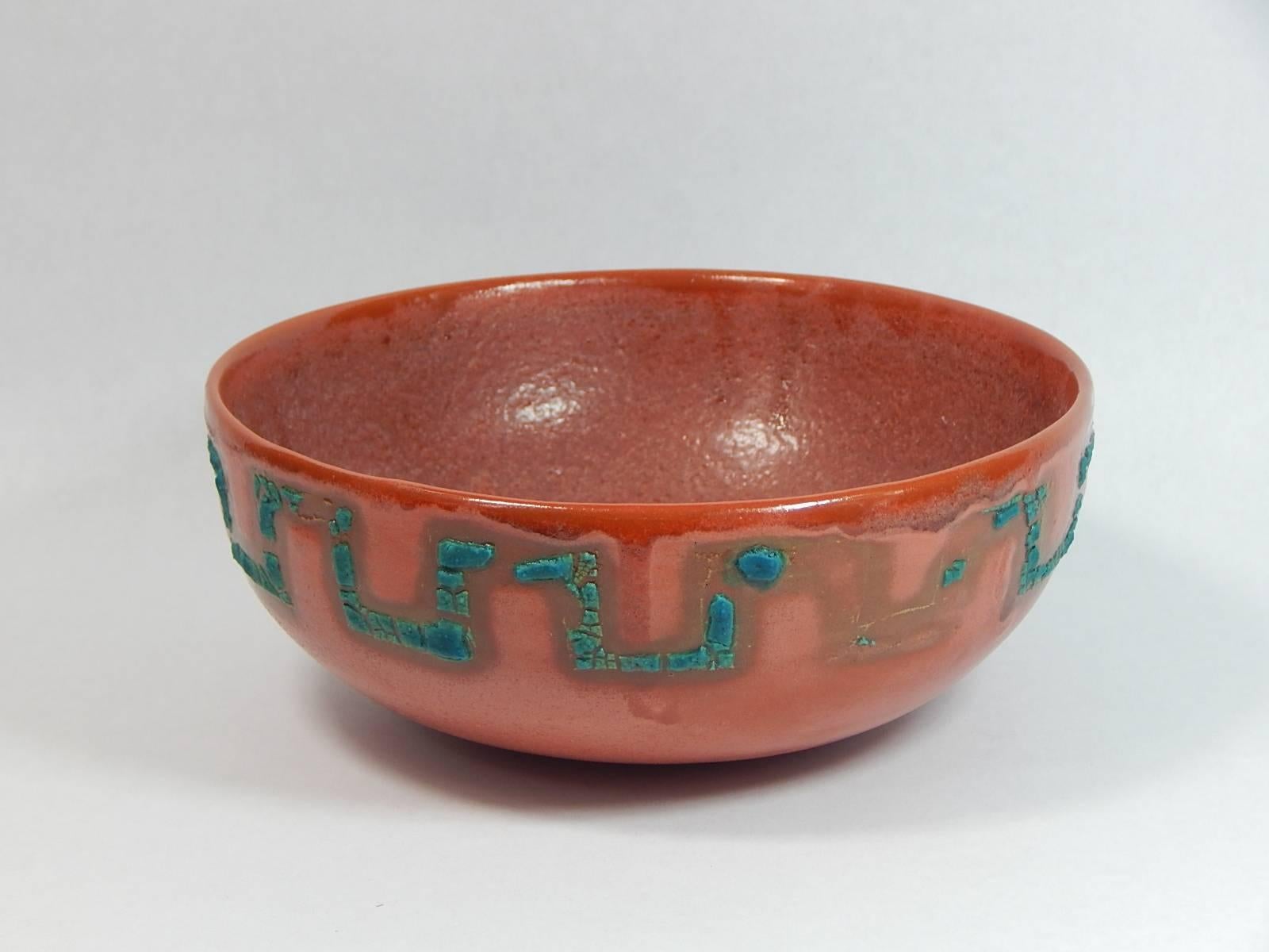  Relicware wheel thrown earthenware bowl by Andrew Wilder # 64. In terra cotta with turquoise lichen glaze and terra cotta colored overglaze . Made by hand in Los Angeles, California 2017.  We can produce commissions to order in this series. Contact