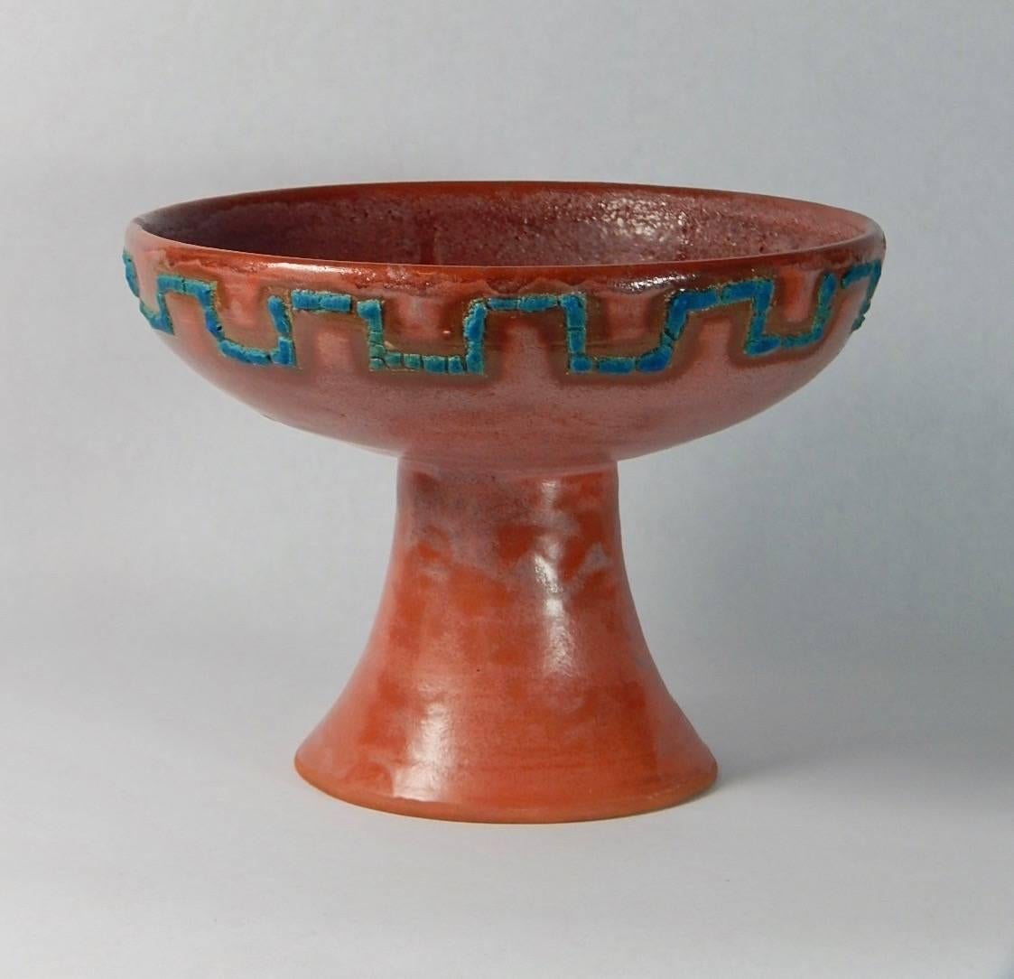  Relicware wheel thrown earthenware footed bowl by Andrew Wilder # 64. In terra cotta with turquoise lichen glaze and terra cotta colored overglaze . Made by hand in Los Angeles, California 2017.  We can produce commissions to order in this series.