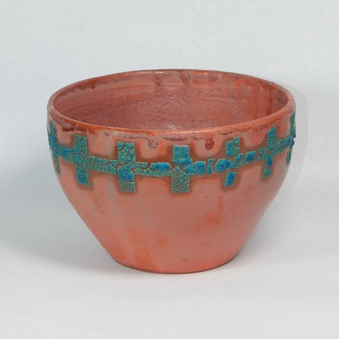  Relicware wheel thrown earthenware bowl by Andrew Wilder # 66. In terra cotta with turquoise lichen glaze and terra cotta colored overglaze . Made by hand in Los Angeles, California 2017.  We can produce commissions to order in this series. Contact