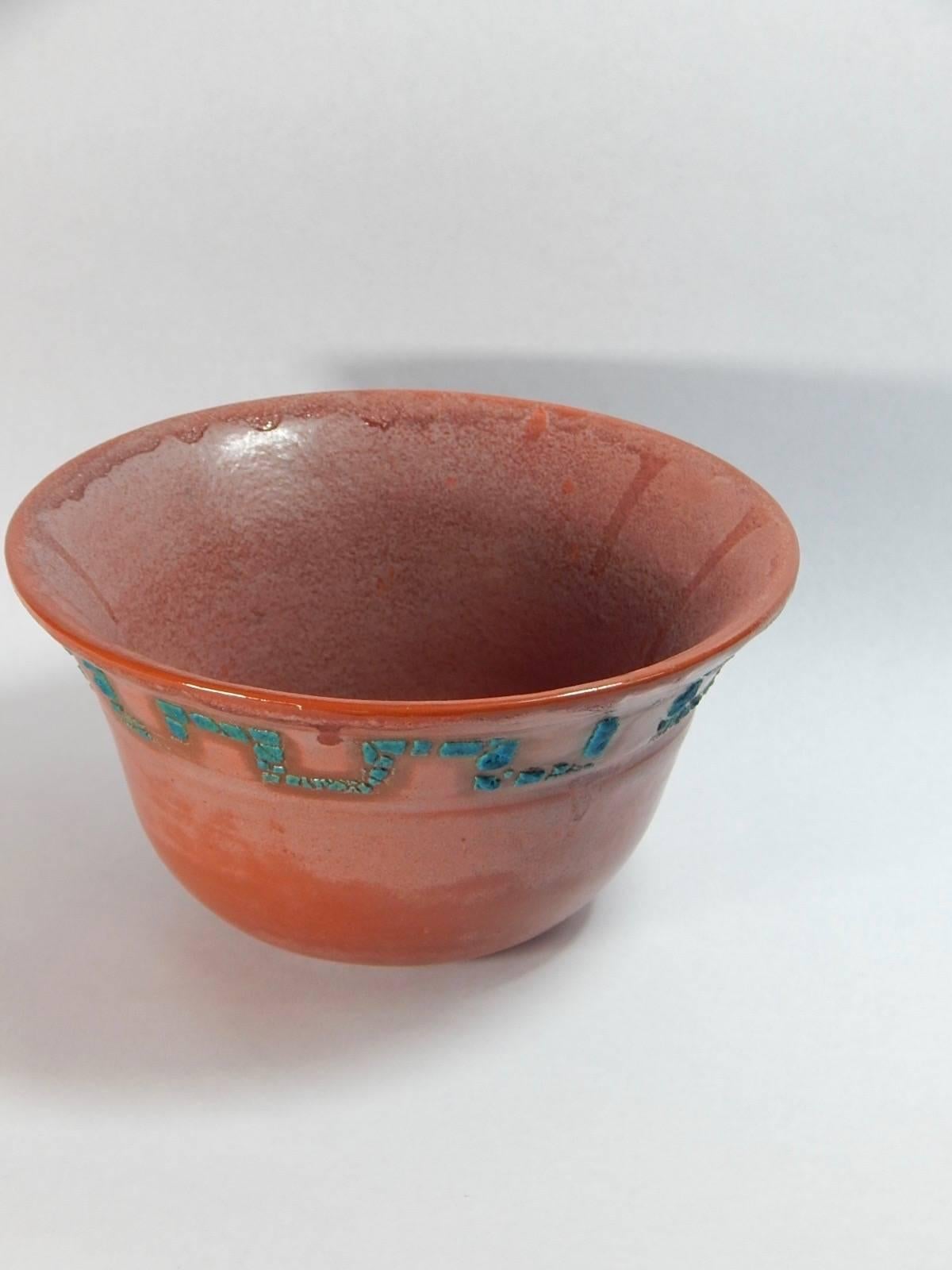  Relicware wheel thrown earthenware bowl by Andrew Wilder # 67. In terra cotta with turquoise lichen glaze and terra cotta colored overglaze . Made by hand in Los Angeles, California 2017.  We can produce commissions to order in this series. Contact