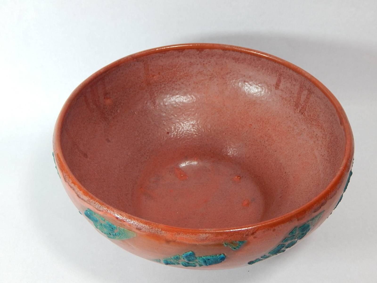  Relicware wheel thrown earthenware bowl by Andrew Wilder # 68. In terra cotta with turquoise lichen glaze and terra cotta colored overglaze . Made by hand in Los Angeles, California 2017.  We can produce commissions to order in this series. Contact