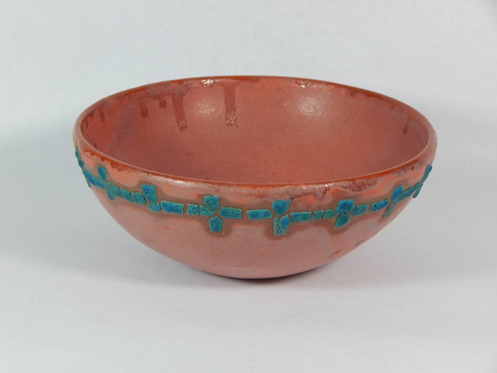 Relicware wheel thrown earthenware bowl by Andrew Wilder # 73. In terra cotta with turquoise lichen glaze and terra cotta colored overglaze. Made by hand in Los Angeles, California, 2017.
 