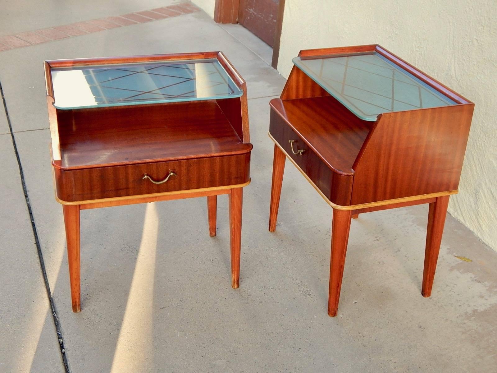 Pair of Swedish Mid-Century Modern end tables in mahogany. With sandblasted glass tops. In great original vintage condition. See photos for more details. Sweden, circa 1950.