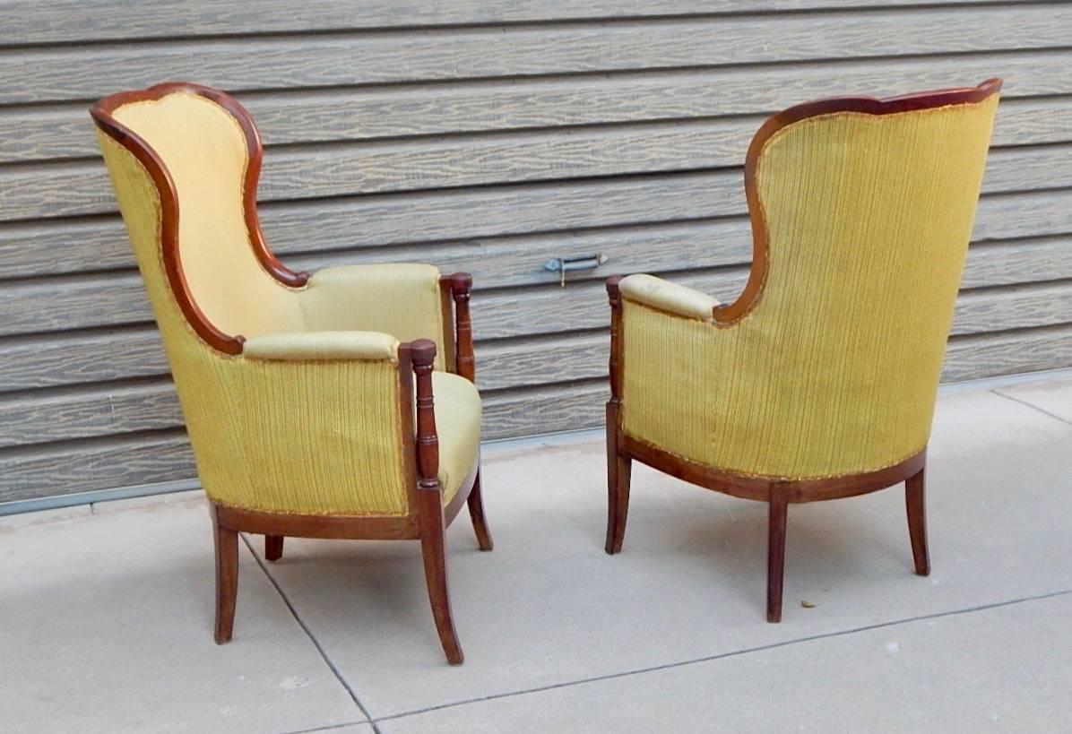 Pair of Swedish 1920's Exposed Frame Winged Back Chairs in Mahogany For Sale 2
