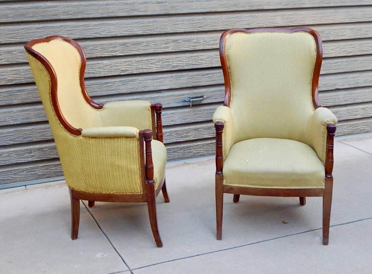 Pair of Swedish 1920's Exposed Frame Winged Back Chairs in Mahogany For Sale 4