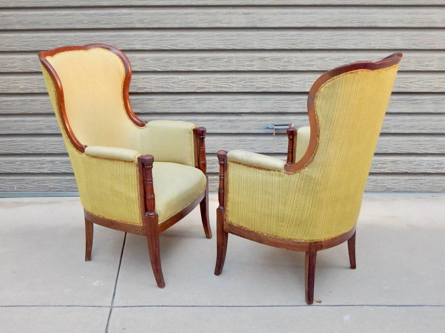 Pair of Swedish 1920's Exposed Frame Winged Back Chairs in Mahogany For Sale 3