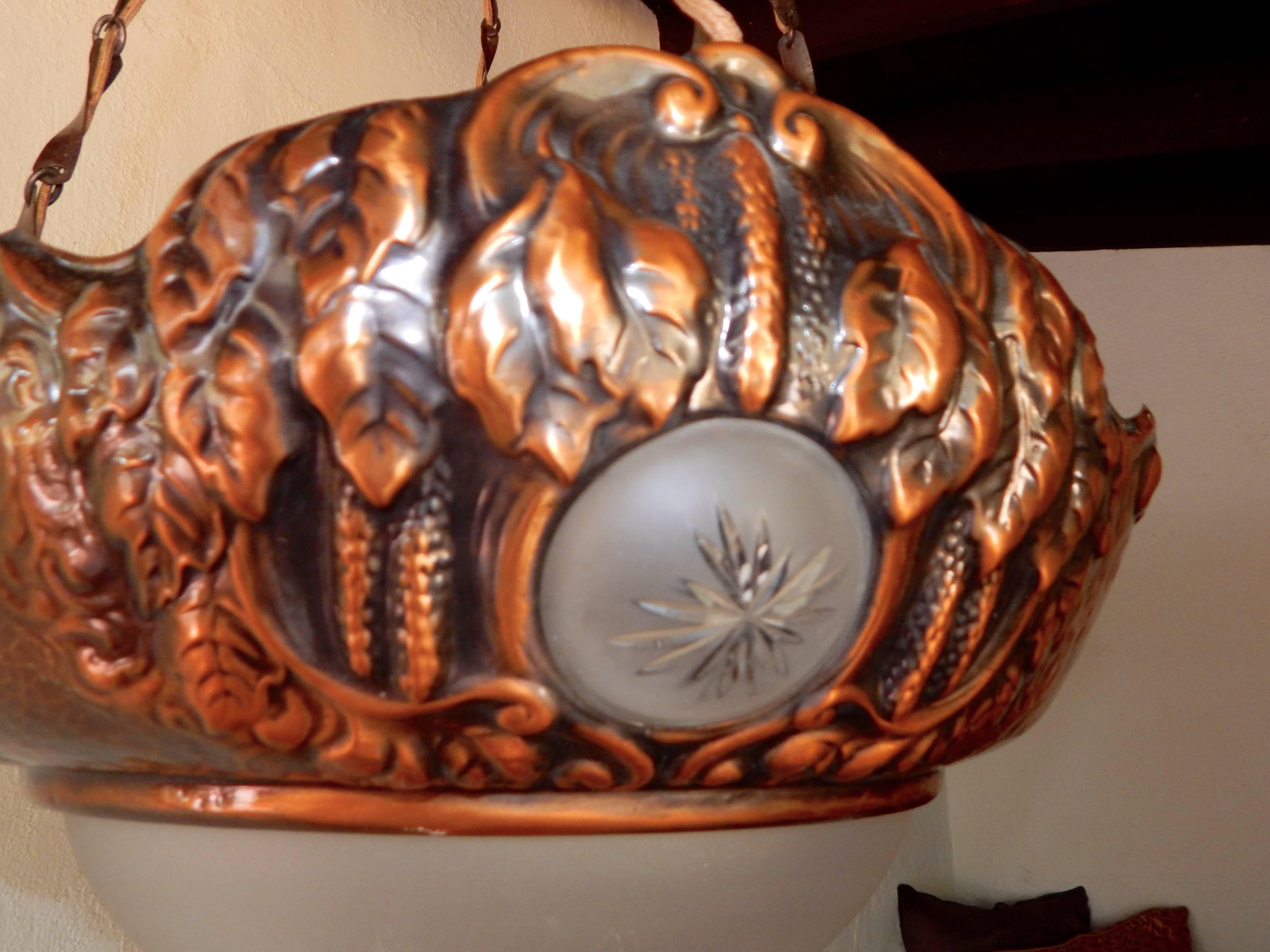 Early 20th Century Swedish Victorian Copper Hanging Fixture with Floral Motifs, circa 1900 For Sale