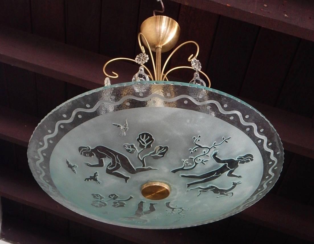 Swedish Etched Glass Fixture with Neoclassical Motifs by Orrefors, 1940s 3