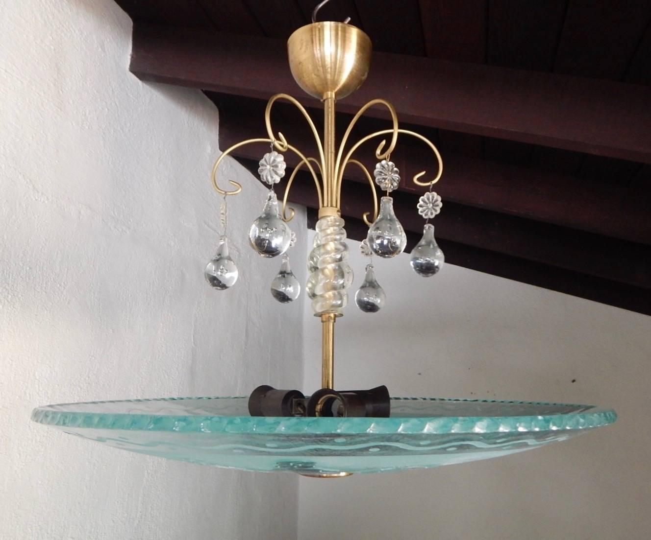 Mid-20th Century Swedish Etched Glass Fixture with Neoclassical Motifs by Orrefors, 1940s