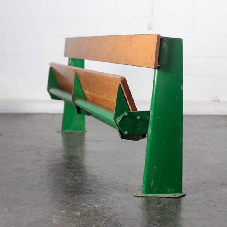Banc escamotable, large green lacquered steel and oak folding bench By Jean Prouvé, circa 1958. Edited by Steph Simon.